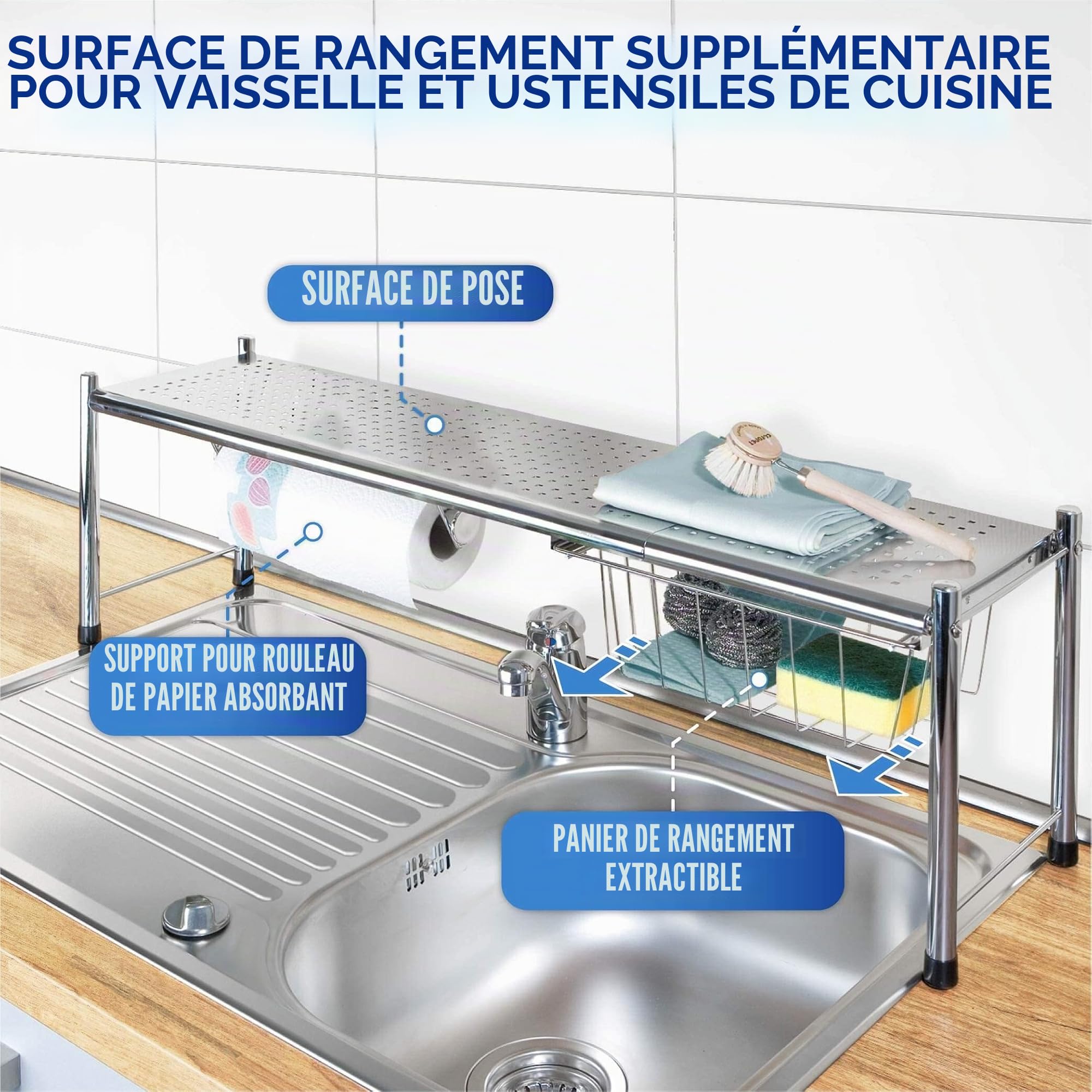 WENKO Maximex Etagère pour évier Expando, surface de rangement supplémentaire au-dessus de l'évier, extensible de 69 à 116 cm