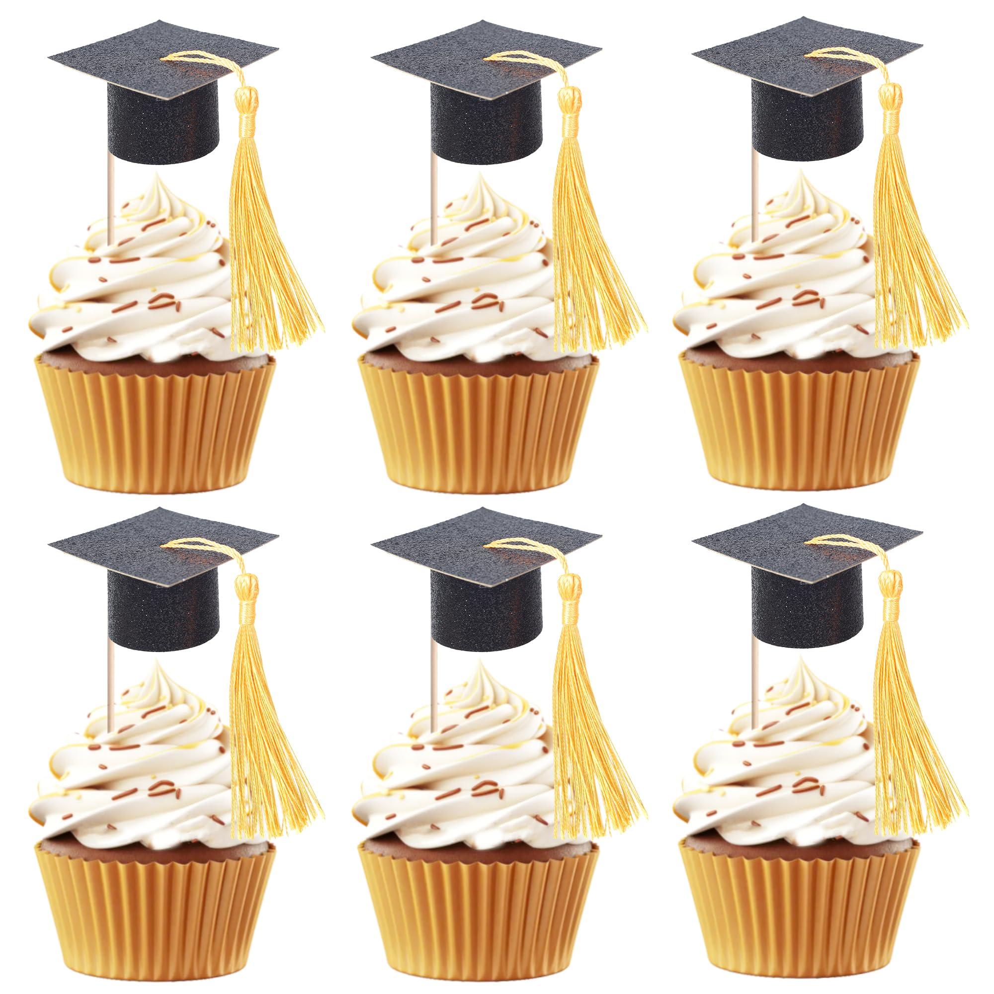 24 PCS 2025 Graduation Cap Cupcake Toppers with Gold Tassel Congrats Grad Class of 2025 Cupcake Picks Mini Cap Chocolate Graduation Decorations for