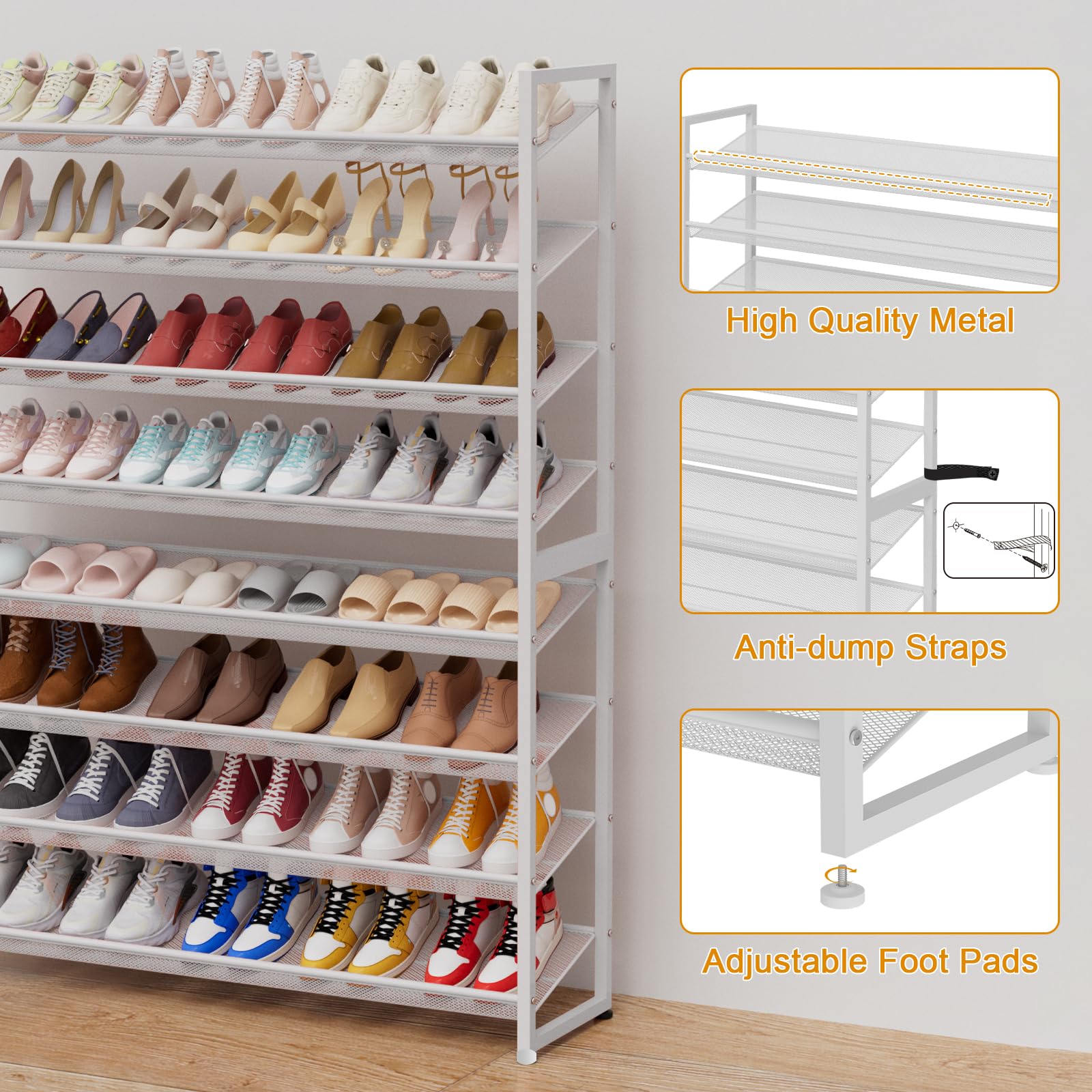 Grande scarpiera organizer per scarpe, in metallo resistente, impilabile, verticale, per armadio, porta d'ingresso, fino a 50-62 paia (bianco, 8 ripiani)