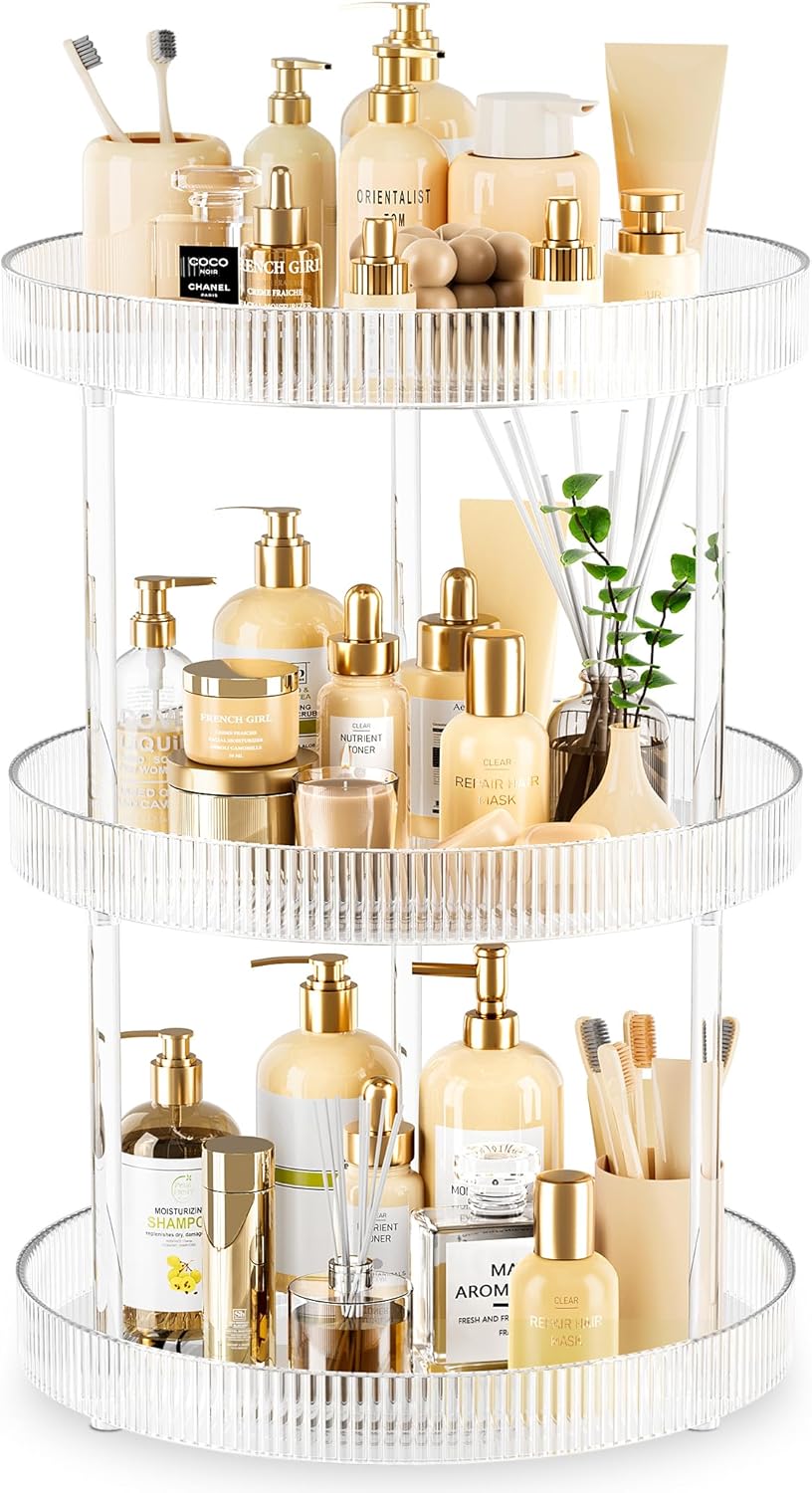 3-Tier Lazy Susan Bathroom Countertop Organizer, 360° Clear Rotating Storage Tray, Cosmetics and Perfume Organizer, Spinning Storage Tray Vanity Organizer Shelf for Bathroom Cabinet, Kitchen(Medium) 3-Tier Lazy Susan Bathroom Countertop Organizer, 360° Clear Rotating Storage Tray, Cosmetics and Perfume Organizer, Spinning Storage Tray Vanity Organizer Shelf for Bathroom Cabinet, Kitchen(Medium)