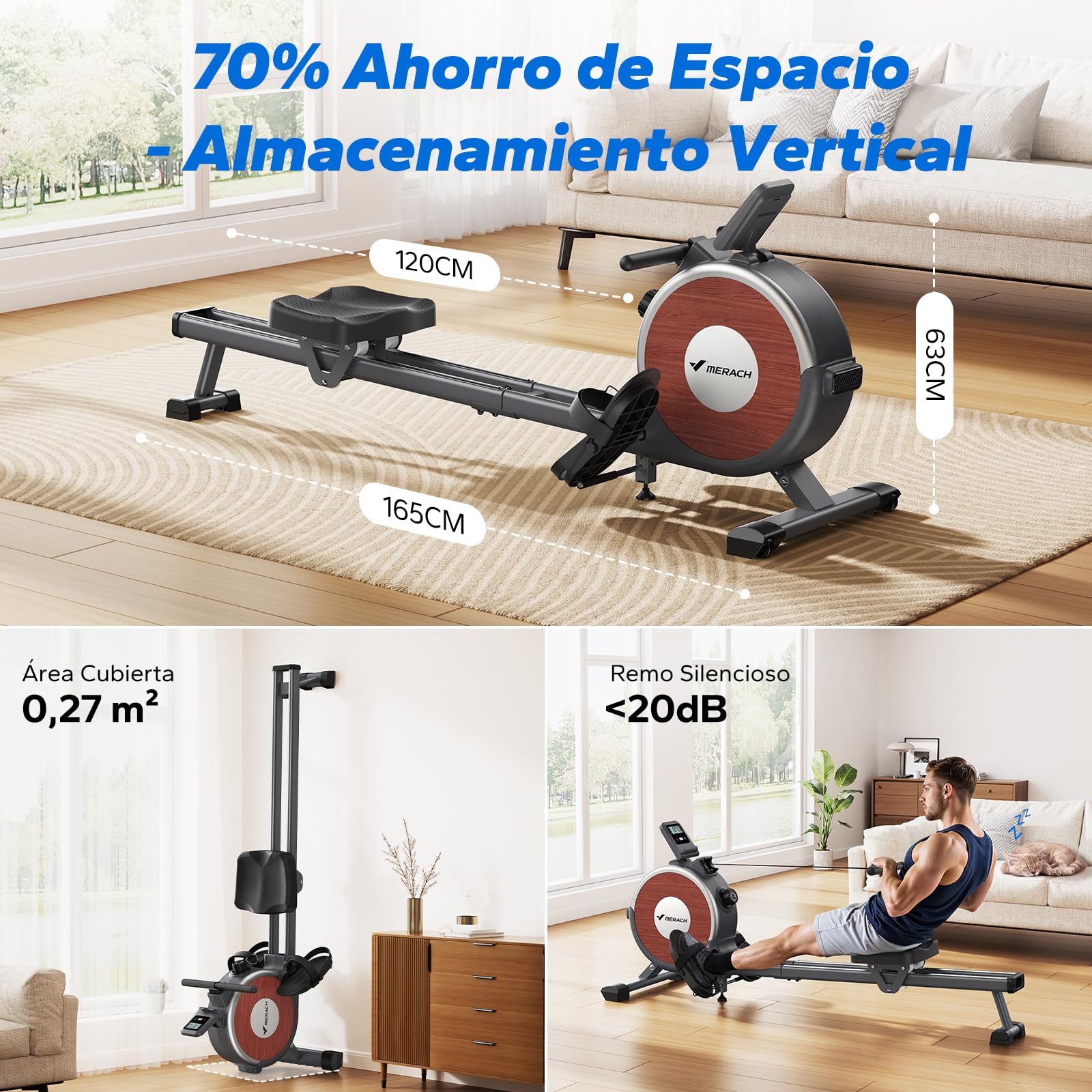 MERACH Máquina de Remo para Casa, 16 Niveles de Resistencia, Remo Magnético Silencioso con App Exclusiva, Rieles Dobles Mejorados para Mayor Estabilidad(Gris)