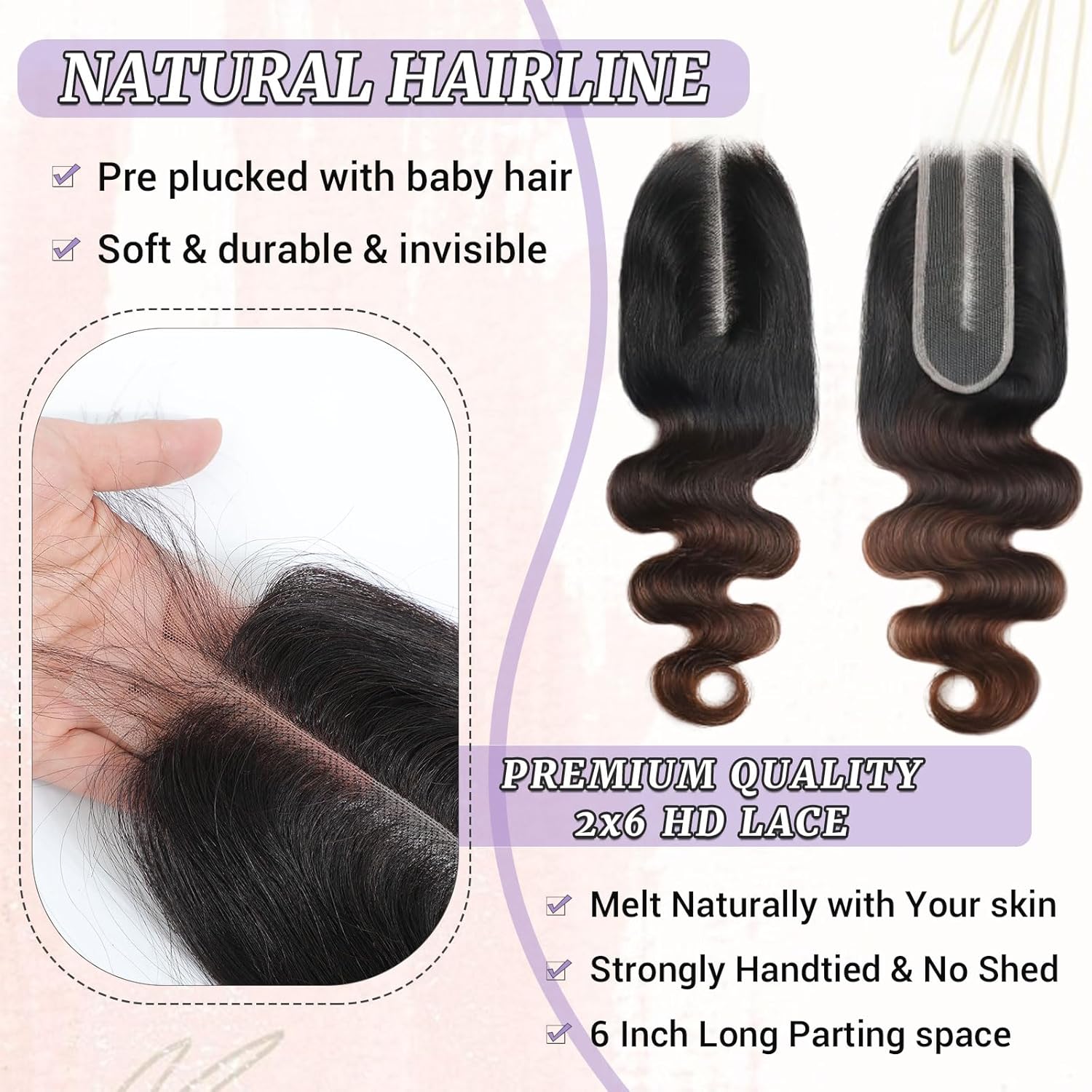 Chestnut Brown Ombre 2x6 HD Lace Closure Body wave 3 Tone Ombre Medium Auburn Colored T1B/2/30 2x6 Transparent Lace Closure 100% Virgin Human Hair 150% Density 12 Inch