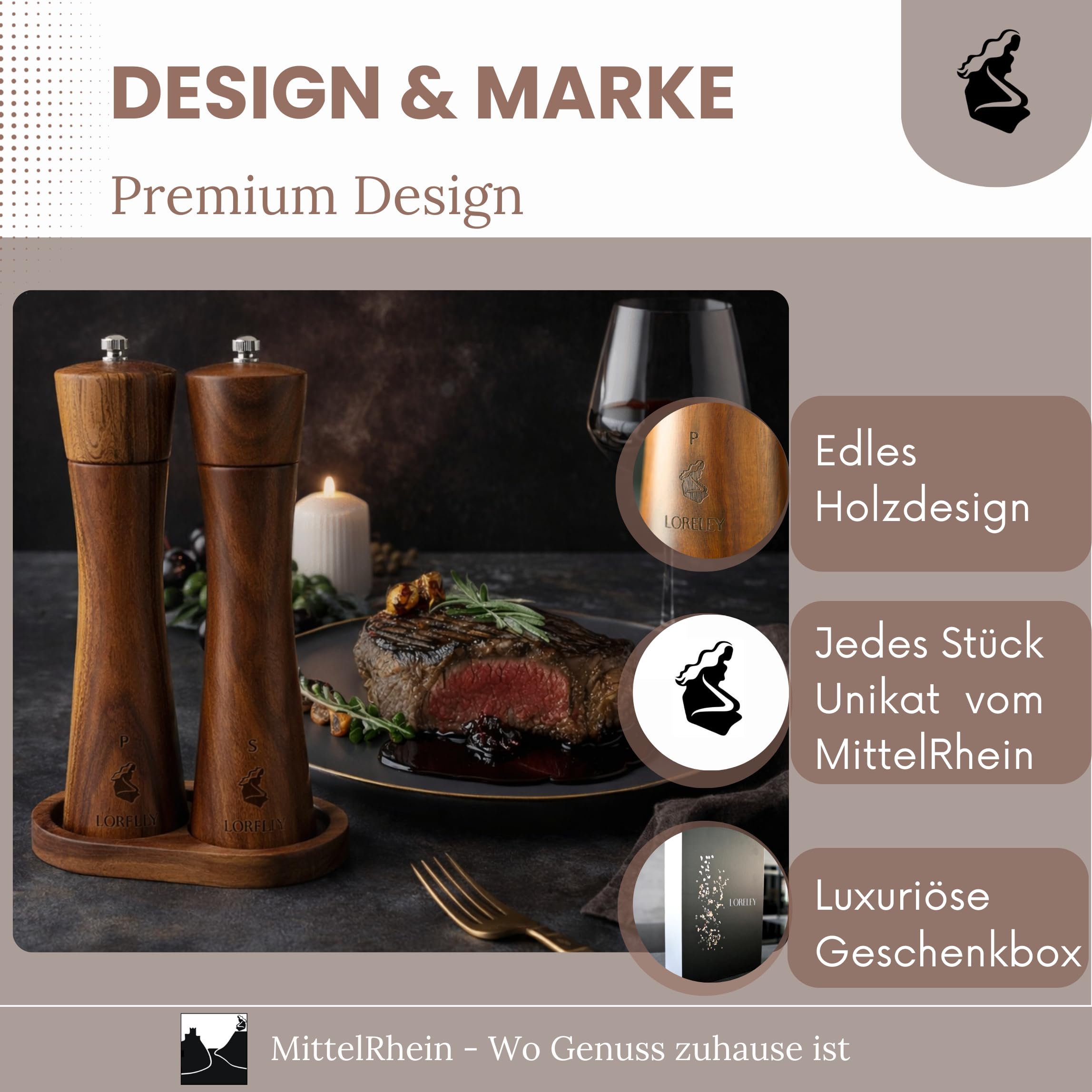 LORELEY® MITTELRHEIN Germany Salz- & Pfeffermühle aus Holz mit Keramikmahlwerk – inkl. Untersetzer & Pinsel – Gewürzmühle in Geschenkbox – Geschenk zur Hochzeit | Einweihung (Luxury Holz)
