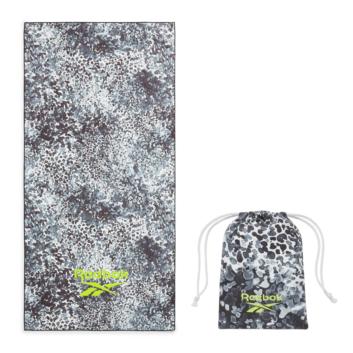 Reebok Sand Free Beach Towel - Quick Dry Microfibre Towel | Lightweight & Compact | Includes Carry Bag | Large Travel Towel for Pool, Gym & Travel Essentials - 90 x 180cm, Black/Grey Print