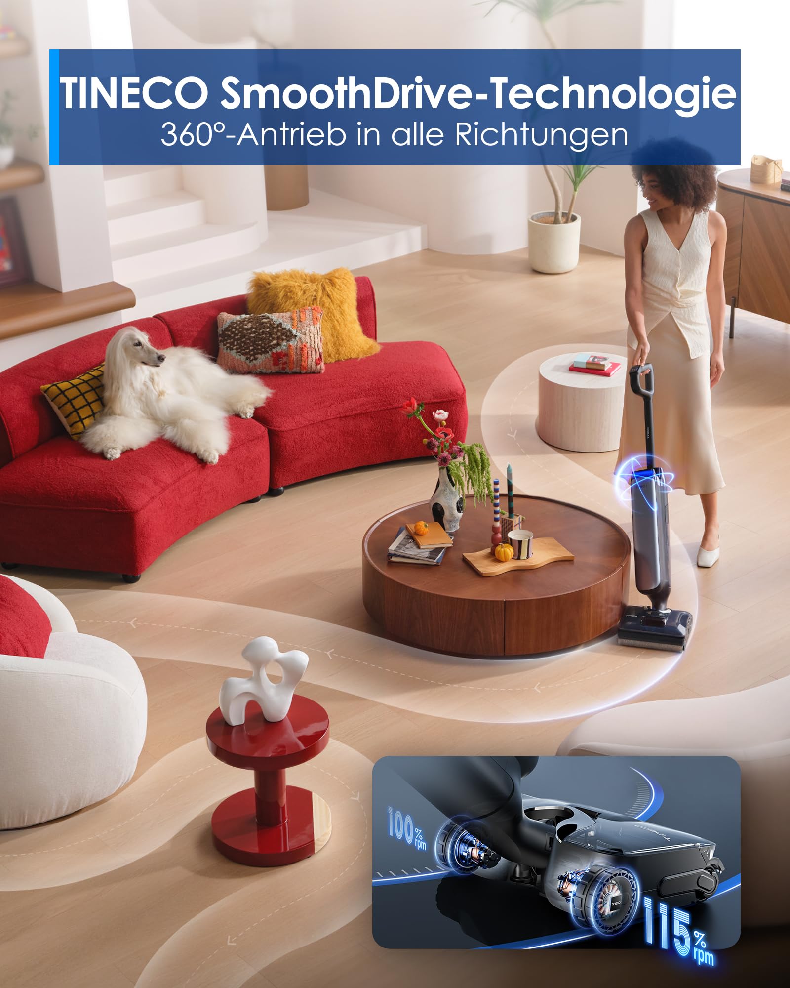 Tineco Floor One S9 Artist Nass Trockensauger, 22000Pa, 360° SmoothDrive, Anti-Tangle, 85°C Flashdry, 50Min Laufzeit