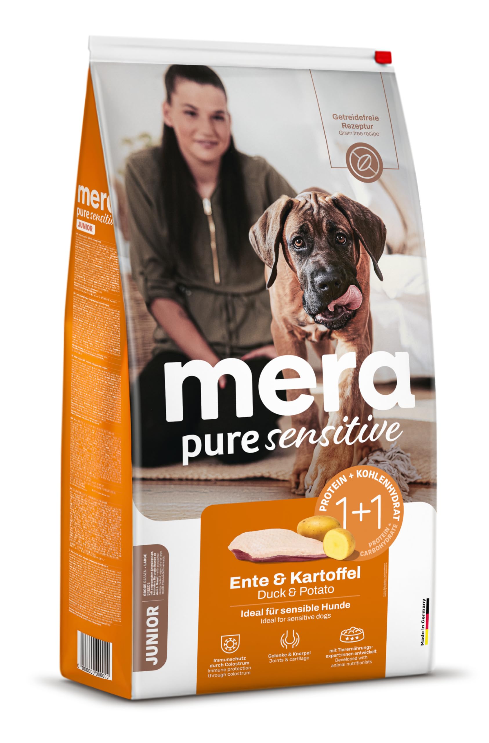 MERA Pure Sensitive Junior, anatra e patata, 12,5 kg, cibo per cani senza cereali per cani giovani di razze grandi, sensibile alle monoproteine, con colostro e protezione articolare