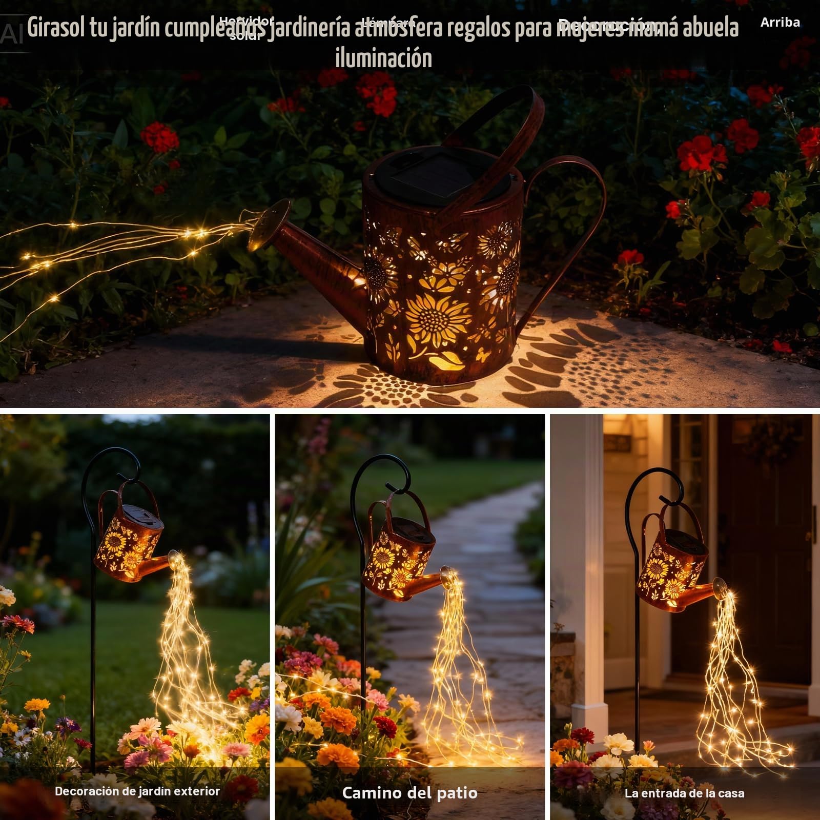 ZKLiLi luces solares al aire libre jardín girasol jardines luz, jardinería regalos, Mon Solar regado lata linterna para jardín, patio, patio, Pathway linterna planta decoración