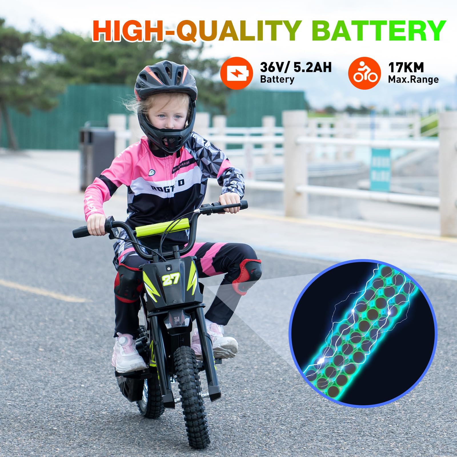 RCB TECH R9X Motocicletta elettrica per bambini, Motore potente, 3 modalità di velocità, Max 25 km/h, 5,2Ah Batteria, Portata massima 17 km, Pneumatici da 12 pollici, Moto da cross per Bambini