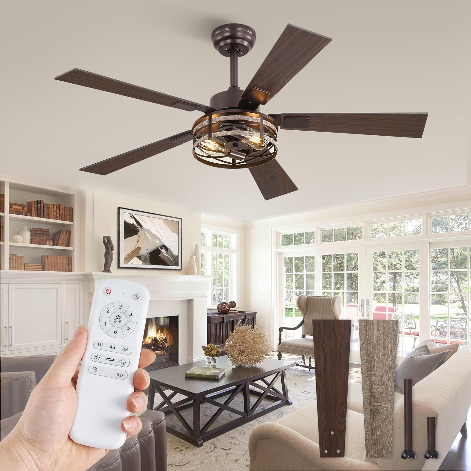 Farmhouse Ceiling Fans with Light, 48 Inch Bedroom Ceiling Fan with Lights, 6-Speed Adjustable, Quiet and Reversible DC Motor, 5 Dual Finish Blades, Rustic Caged Ceiling Fan?Oil Bronze