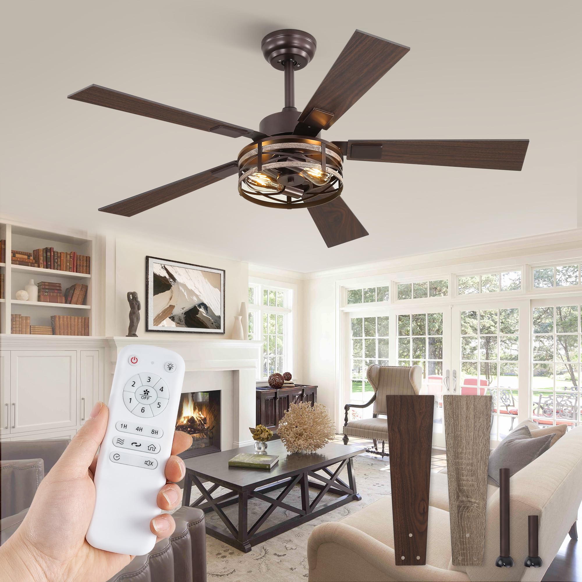 fanbulous farmhouse ceiling fans with light, 48 inch bedroom ceiling fan with lights, 6-speed adjustable, quiet and reversible dc motor, 5 dual finish blades, rustic caged ceiling fan,oil bronze