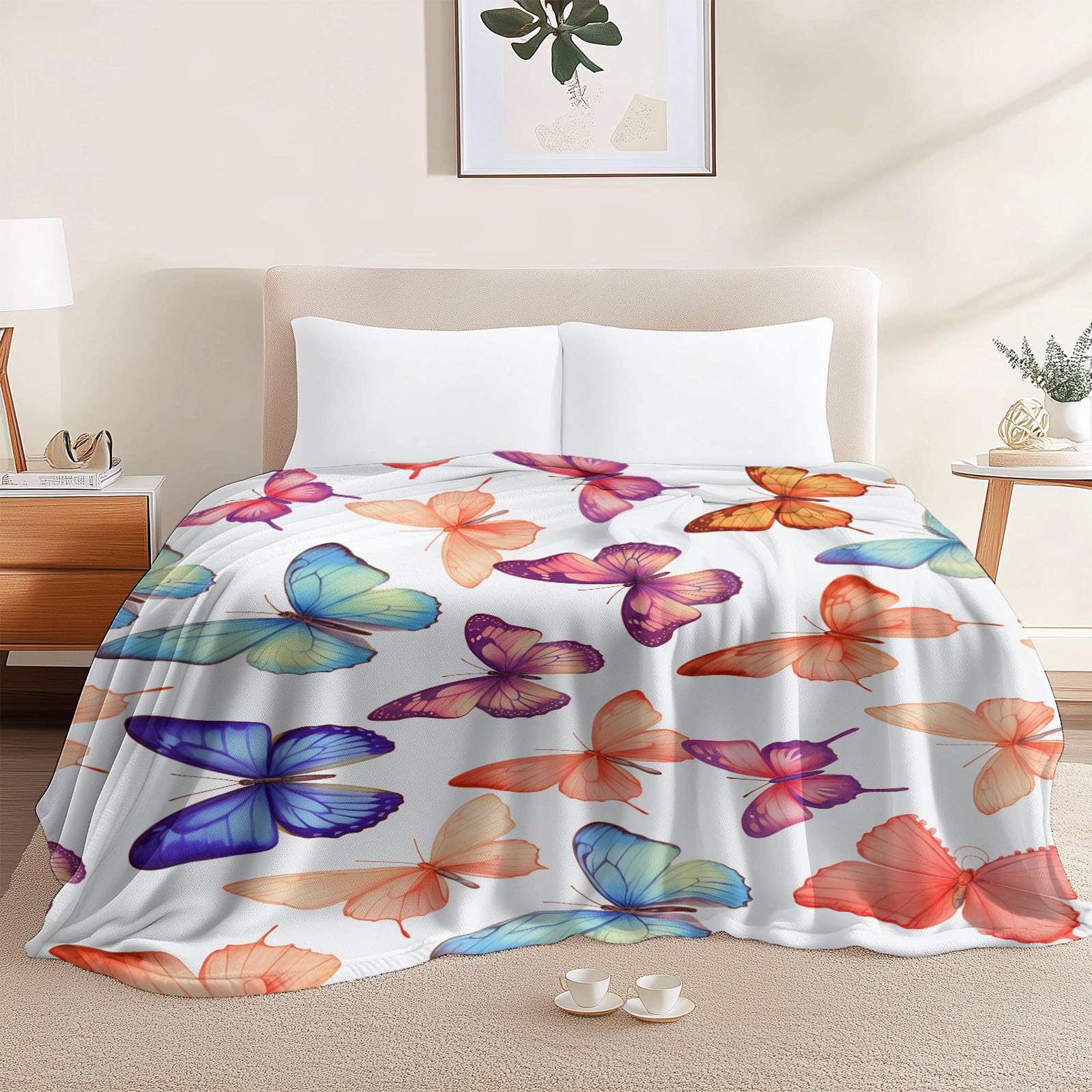 Genérico Manta de Lana de Cordero 150 x 200 cm - Rosa Claro Delicado Insectos Mariposas Manta de Franela para Sillón Sofá Cama, Suave Transpirable Agradable Frazada para la Piel de Otoño