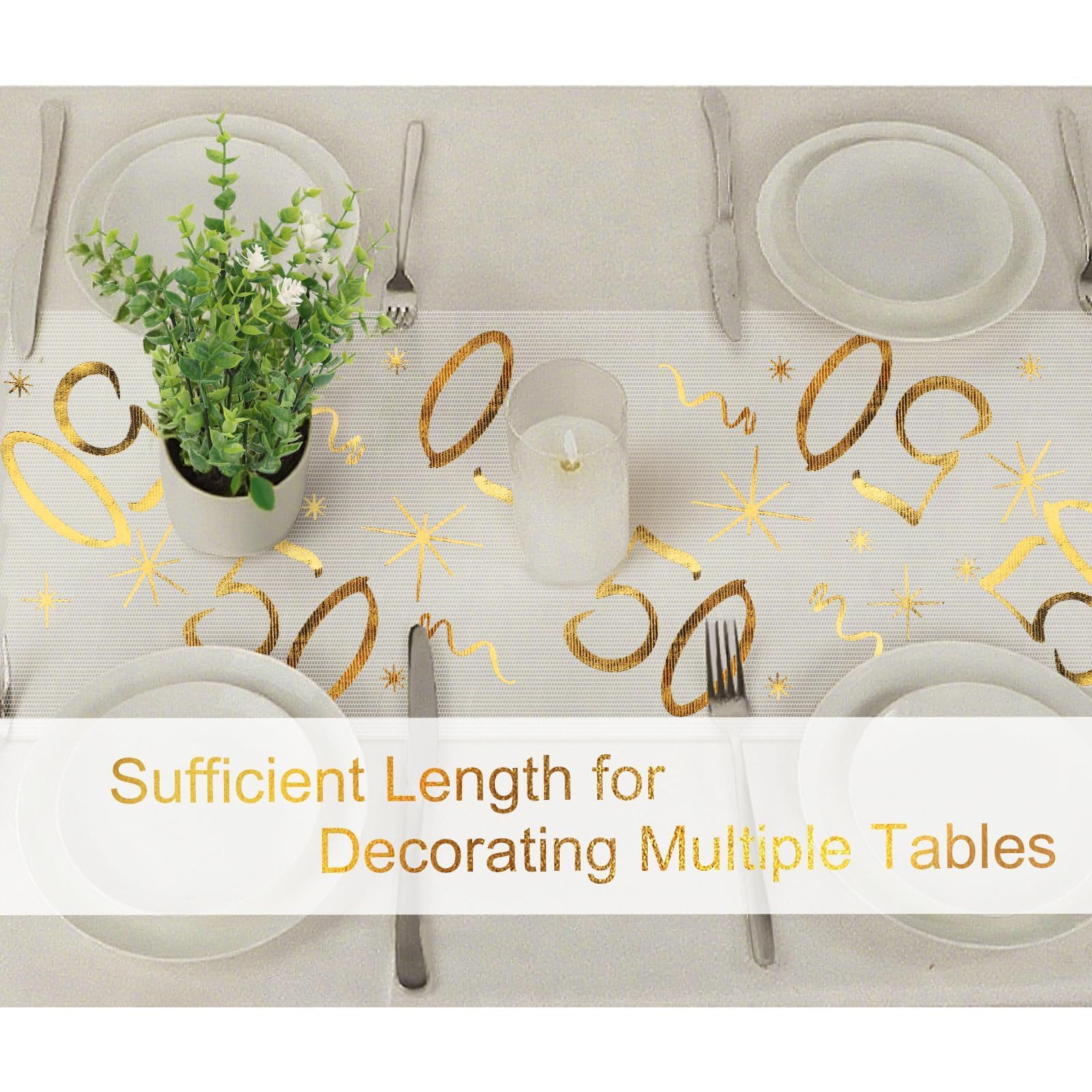 Chemin De Table Anniversaire 50 Ans – Doré Et Blanc, 10 M X 28 Cm, Polyester Estampé, Déco Mariage Ou Fête