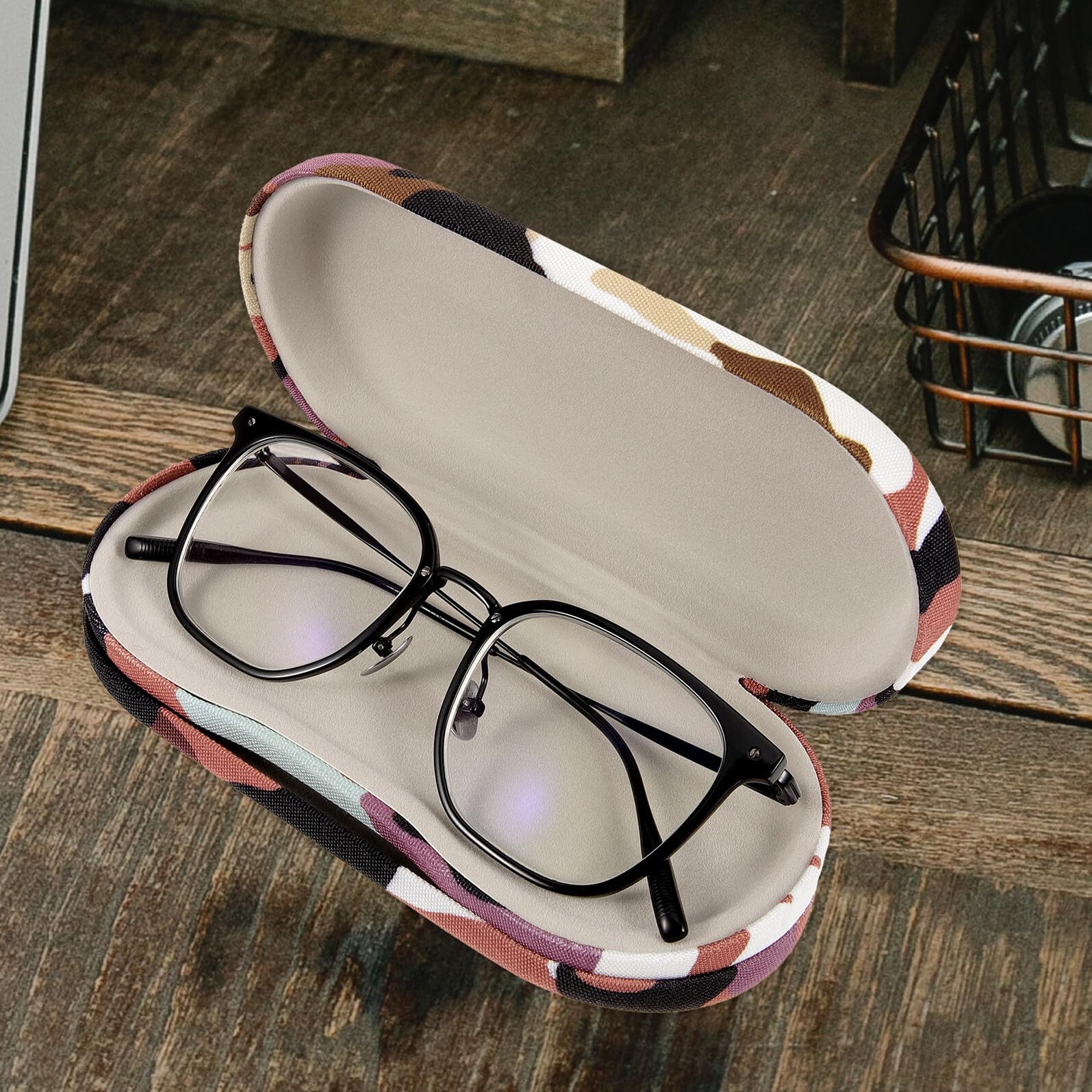 Portaocchiali da Viaggio in Plastica e Tessuto Doppio Strato, Custodia Protettiva con Motivo Camouflage per Occhiali da Vista da Sole, Organizer Multiuso per Proteggere Lenti