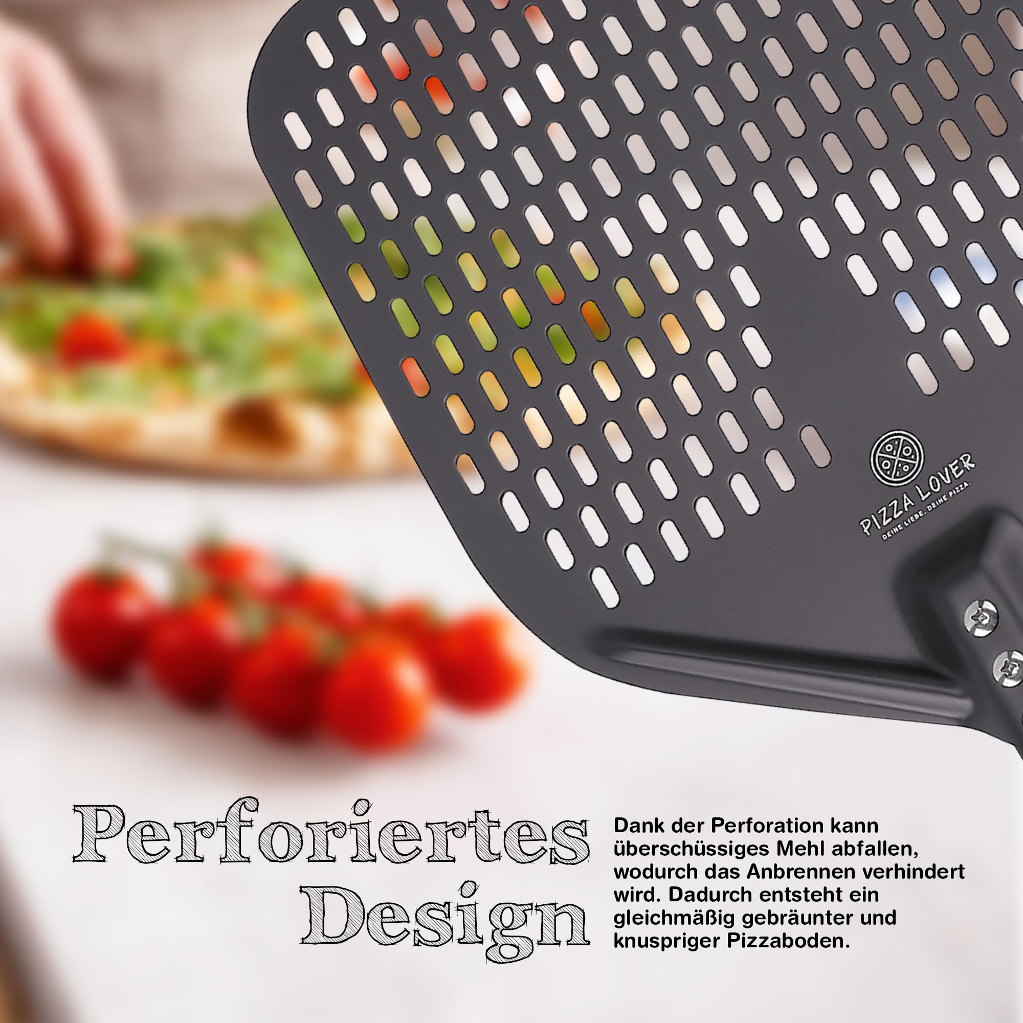 Pizza Lover® hochwertiger Pizzaschieber perforiert 30 x 30 cm Pizzaschaufel aus harteloxiertem Aluminium (Antihaft) Pizzaheber für hausgemachte Pizza & Brot ideal für Pizzastein, Backofen & Grill
