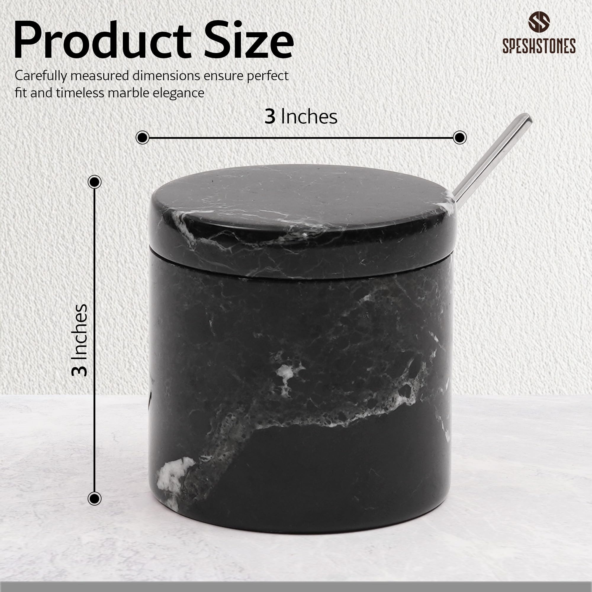 Speshstones Contenitore per Sale in Marmo Nero da 7,6 cm per Piano di Lavoro - Zuccheriera con Coperchio, Portasapone in Pietra, Barattoli per Spezie, Contenitore per Condimenti, Sale da Cucina per