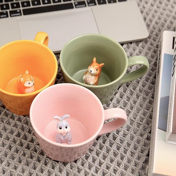Squirrel Ceramic Mug with 3D Animal Inside, Cartoon Handmade Figurine Mug, Cute Coffee Mug with Interesting Design, Holiday and Birthday Gift for Coffee and Milk Tea Lovers (Rabbit)