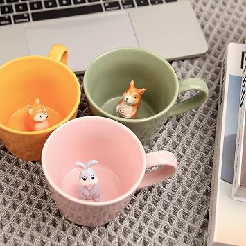 Squirrel Ceramic Mug with 3D Animal Inside, Cartoon Handmade Figurine Mug, Cute Coffee Mug with Interesting Design, Holiday and Birthday Gift for Coffee and Milk Tea Lovers (Rabbit)