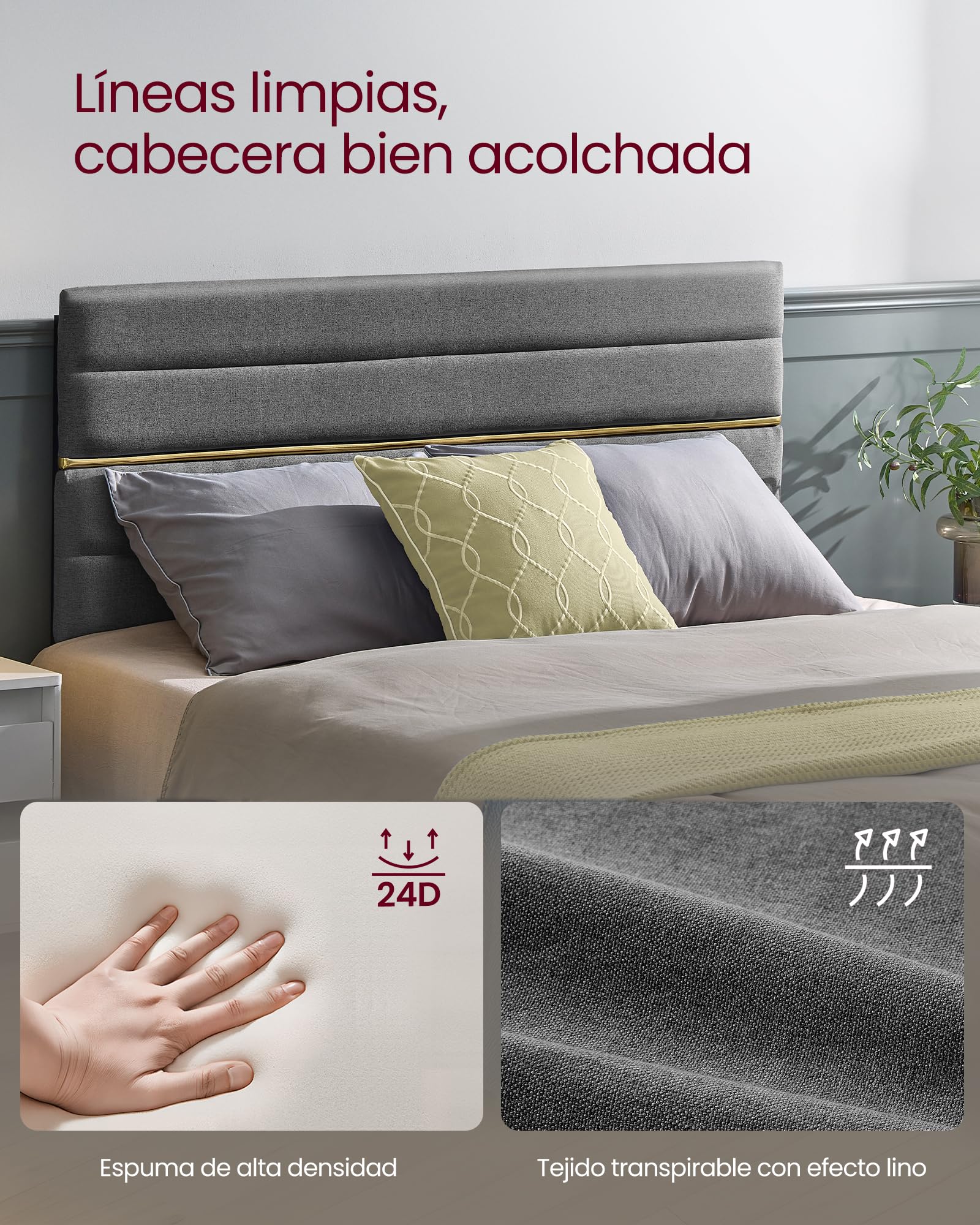 VASAGLE Marco de Cama Matrimonial, Marco para Colchón de 135 x 190 cm, Cabecero Acolchado Ajustable, Metal y Madera, Estilo Moderno, Gris Pizarra RMB506GN01