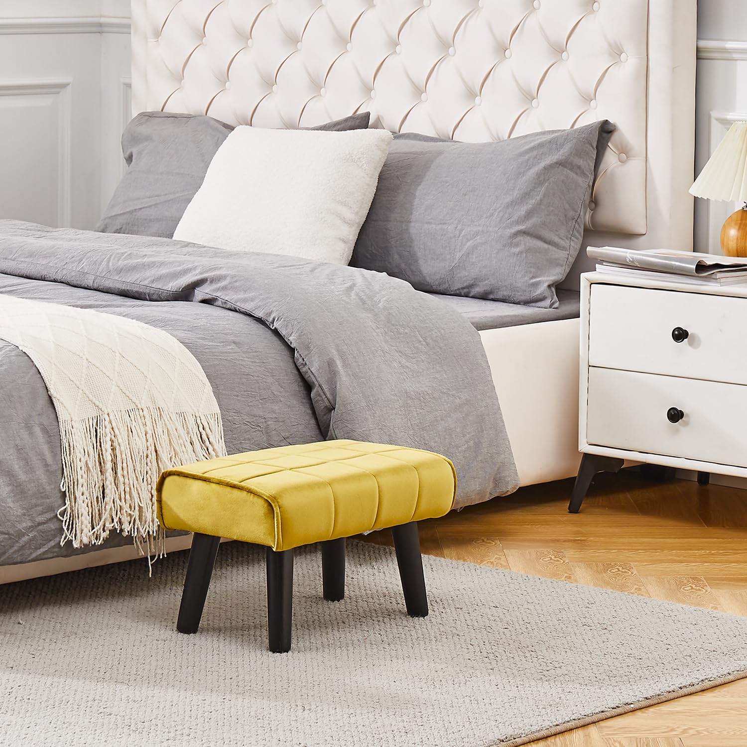 Cpintltr Small Foot Stool Ottoman Modern Accent Step Stool Seat with Solid Wood Legs Velvet Soft Padded Pouf Ottomans Sofa Footrest Stools 16 inch for Couch Living Room Bedroom Entryway Yellow