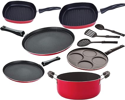 NIRLON Non Stick Coated Aluminium Cookware Utensil Combo Set Offer, 9 - Piece [FT13_FT10_GP22_GP24_Cas20_UP4_3SPN]