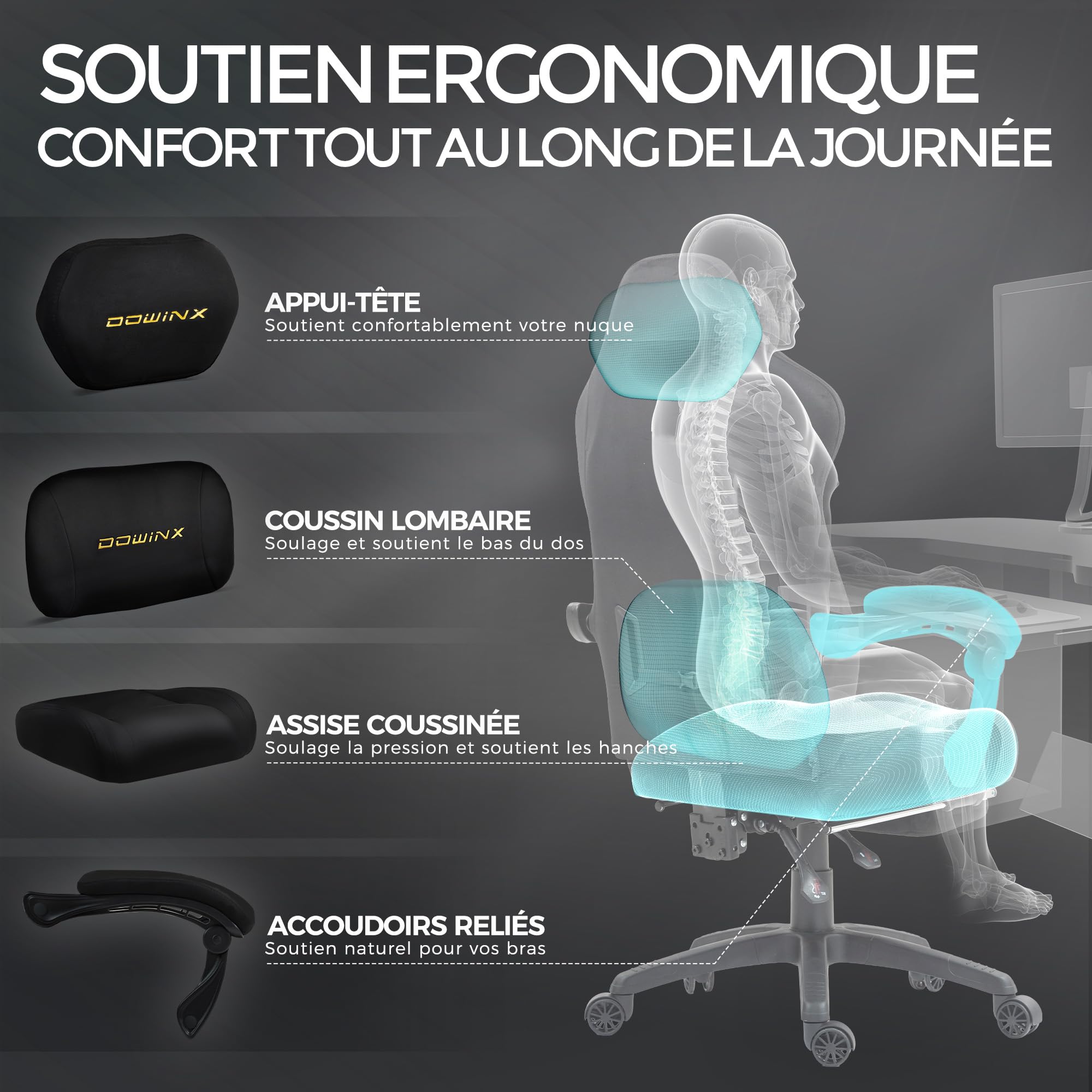 Dowinx Chaise Gaming Ergonomique avec Coussin Lombaire Réglable, Fauteuil Gamer en Velours, Assise Épaissie, Repose-Pieds Rétractable, Accoudoirs Réglables, Dossier Inclinable 160°, Noir