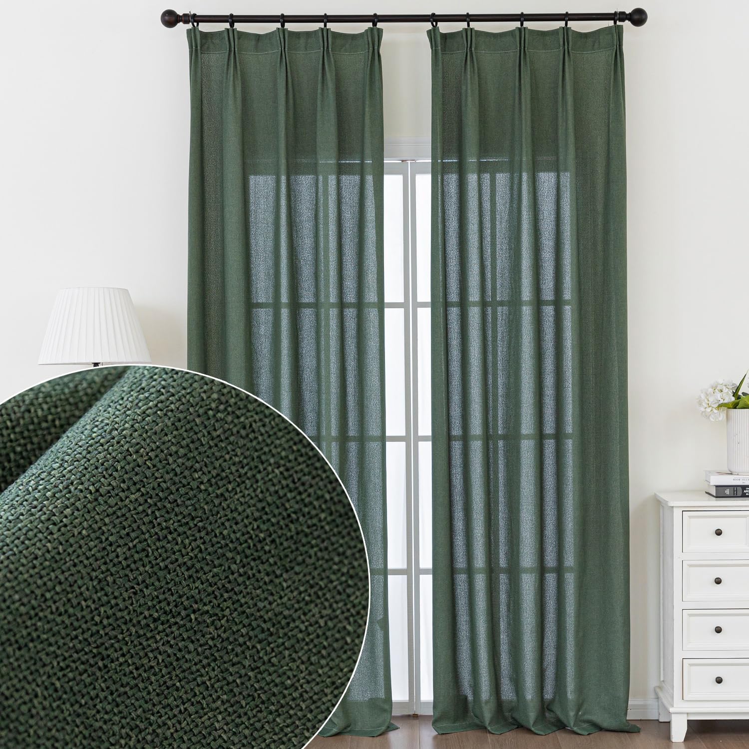 90 Inch Curtains Pinch Pleat Drapes Olive Green Linen Curtains Boho Window Curtain Panels Neutral Semi Sheer Curtains 90 Inch Length 2 Panels Set Moody Light Filtering Curtains Dark Moss