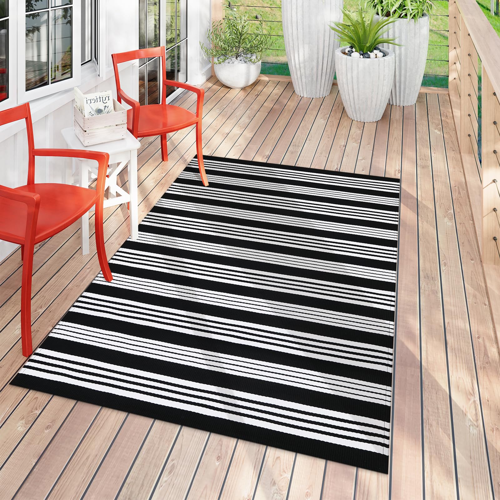 Black and White Striped 4x6 Area Rug, Washable Patio Rug Cotton Hand-Woven Rug for Bedroom, Reversible Foldable Indoor Outdoor Rugs for Living Room Floor Home Decor