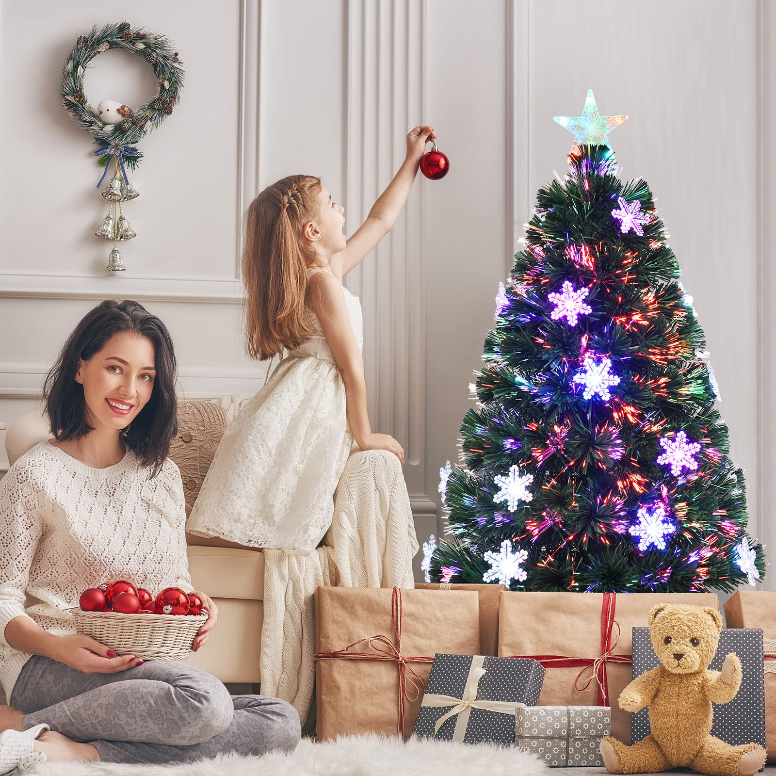 KOMFOTTEU Albero di Natale Artificiale 90/120/150/180 cm, Albero di Natale con Luci LED Incorporate e Base, Christmas Tree in PVC, per Casa, Negozio, Ufficio, Feste (S)