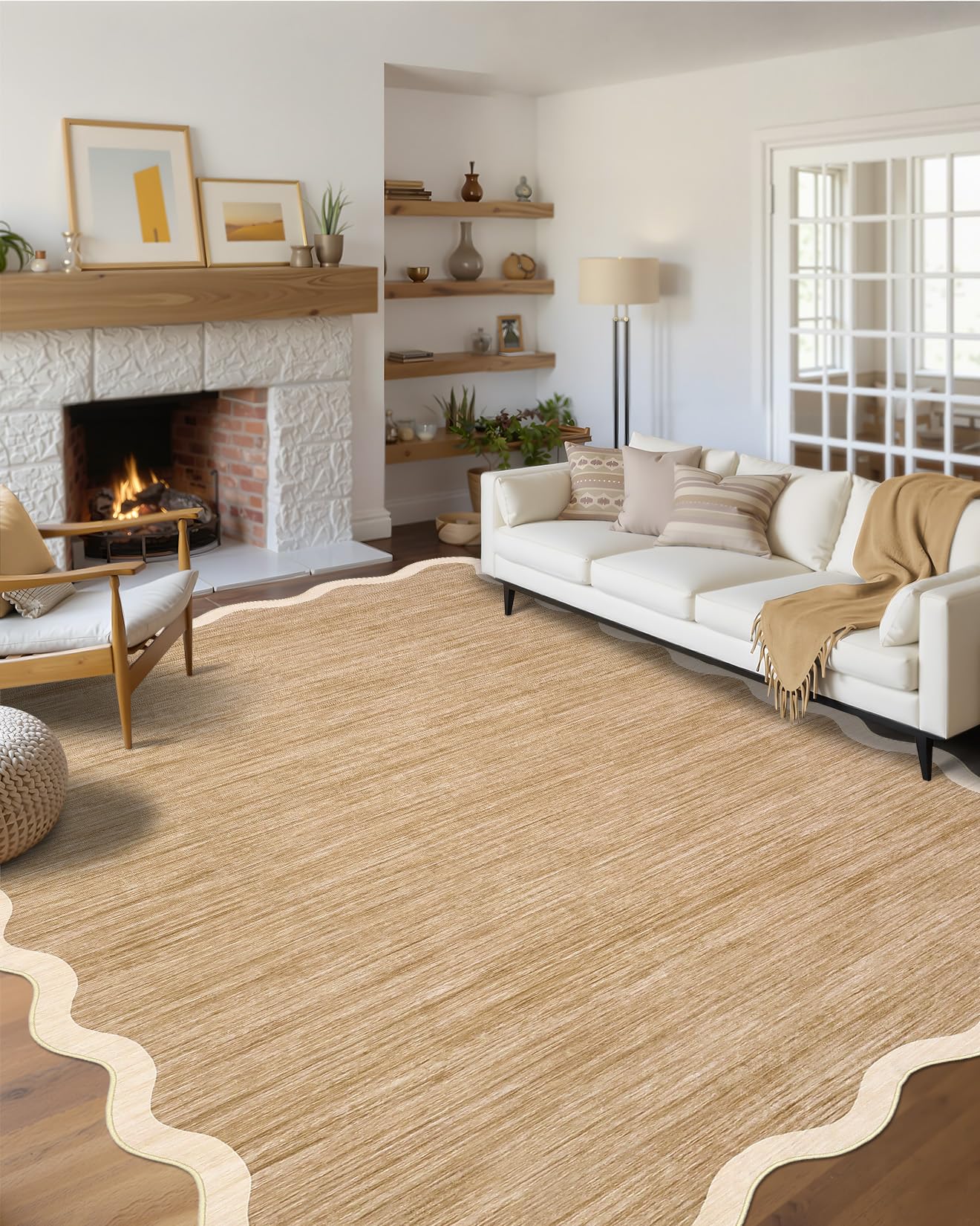 GarveeHome Scalloped Washable Rug 6x9 Rugs for Living Room Modern Brown Nursery Rug Large Area Rug for Bedroom Non Slip Throw Rugs Soft Low Pile Stain