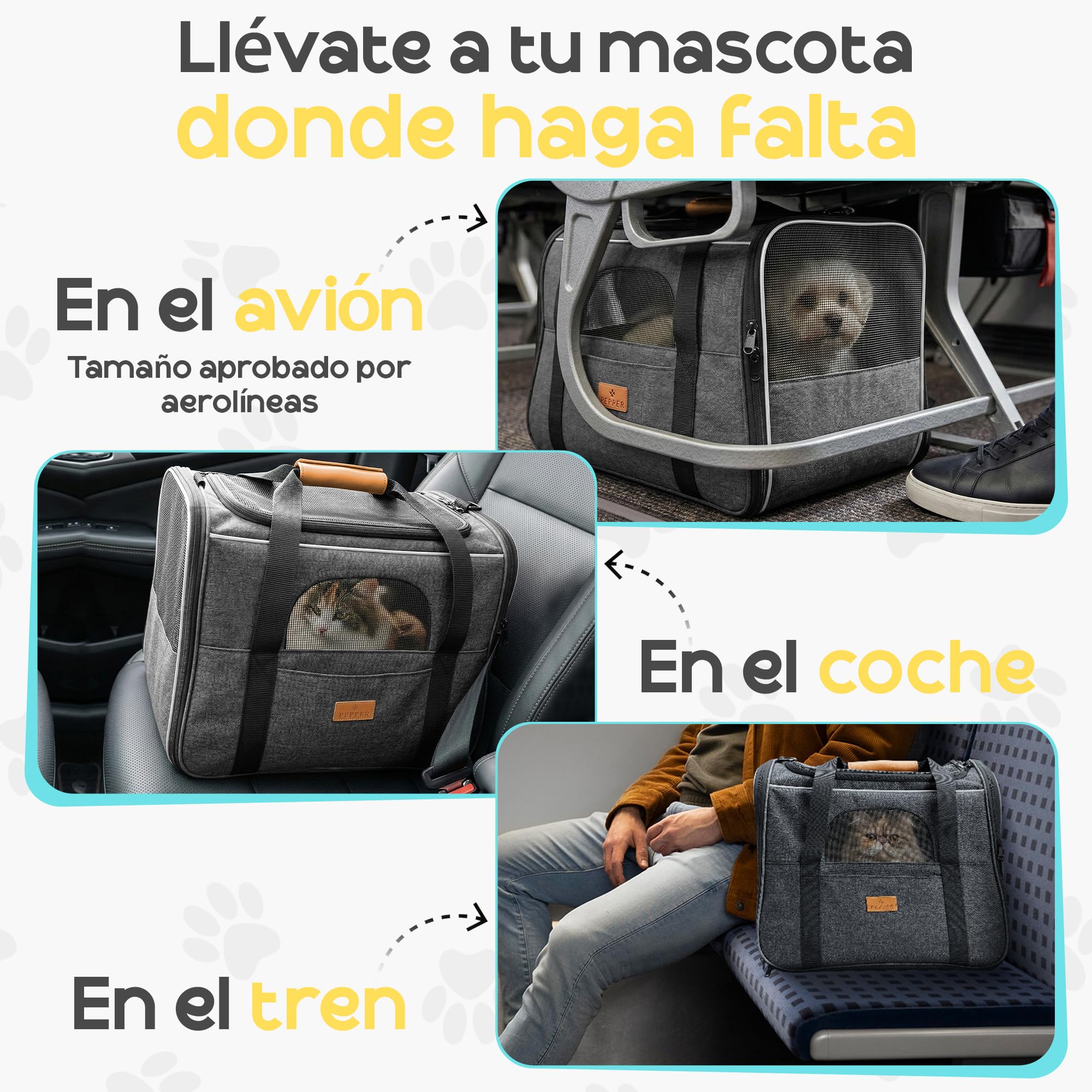 PEPPER® Transportin Gato Perro Pequeño | Bolsa de Transporte Plegable y Transpirable con Ventilación 360º Cómodo y Seguro con Bebedero Plegable, Cojín Suave Lavable y Correa de Hombro Ajustable