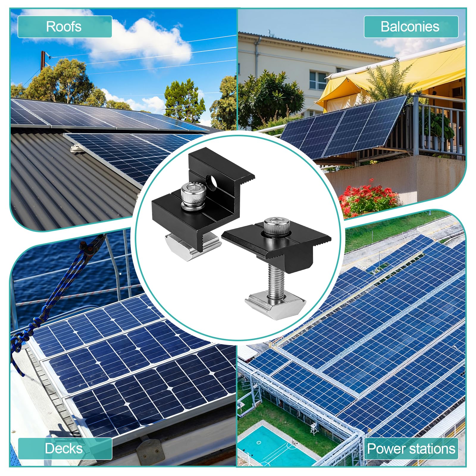 EXLECO Kit de 12 Support Panneau Solaire 30-35mm, Fixation Panneaux Solaires Photovoltaïque en Aluminium pour Rail, 6 Pinces Centrales en T et 6 Pièces d'Extrémité en Z, PV Pince de Toit, Noir