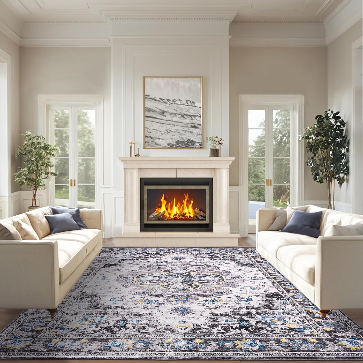 8x10 Area Rugs for Living Room, Soft Low Pile Non-Slip Vintage Floral Large Area Rug, Foldable Washable Rug, Carpet for Bedroom, Dining Room, Bedside, Farmhouse, Office, Dorm(Gray, 8'×10') Grey 8'×10'