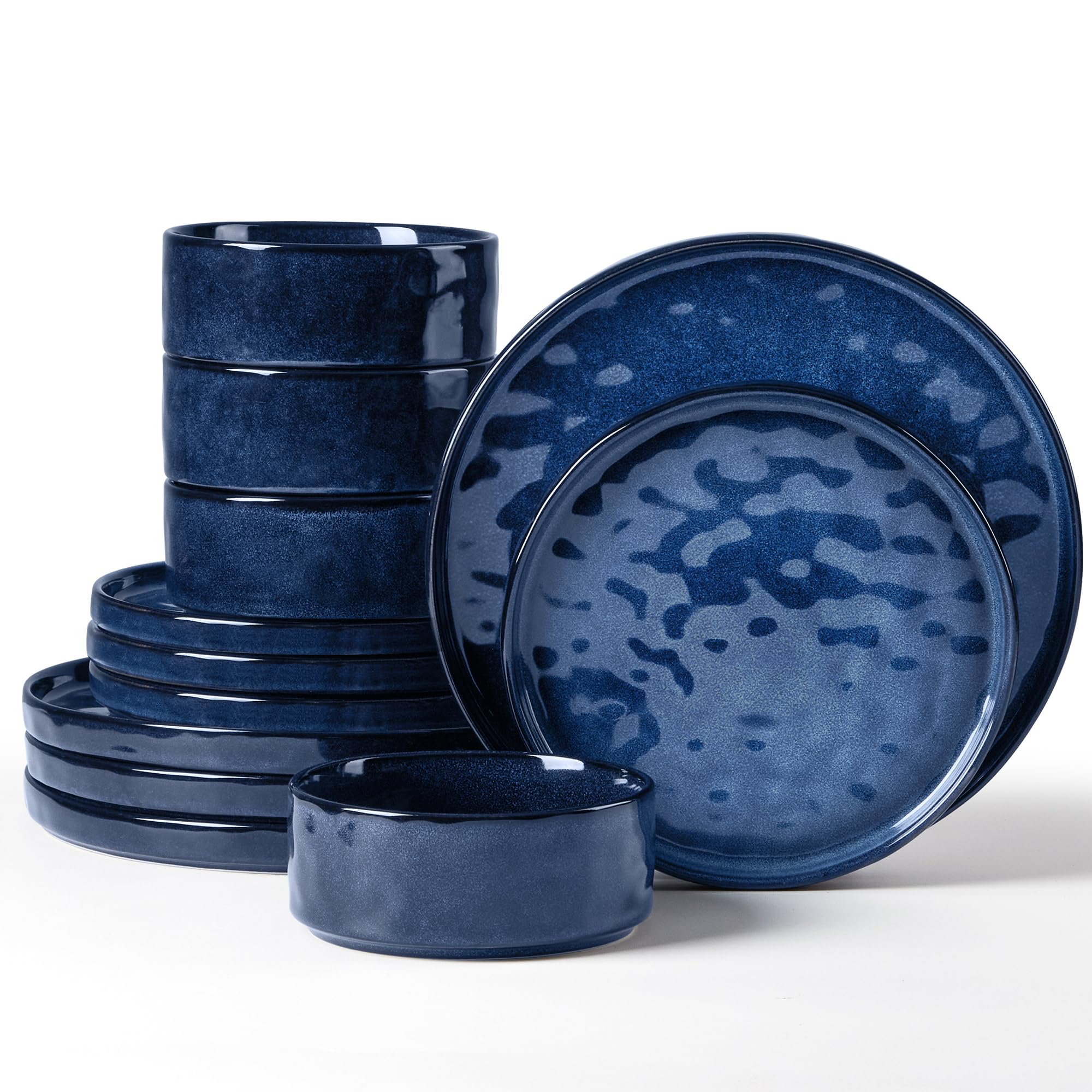 Herogo 12 Piece Dinner Set, Stoneware Dinnerware Sets for 4 People, Reactive Glaze Dining Plates and Bowls, Microwave and Dishwasher Safe, Chip and Scratch Resistant, Nebulas Blue