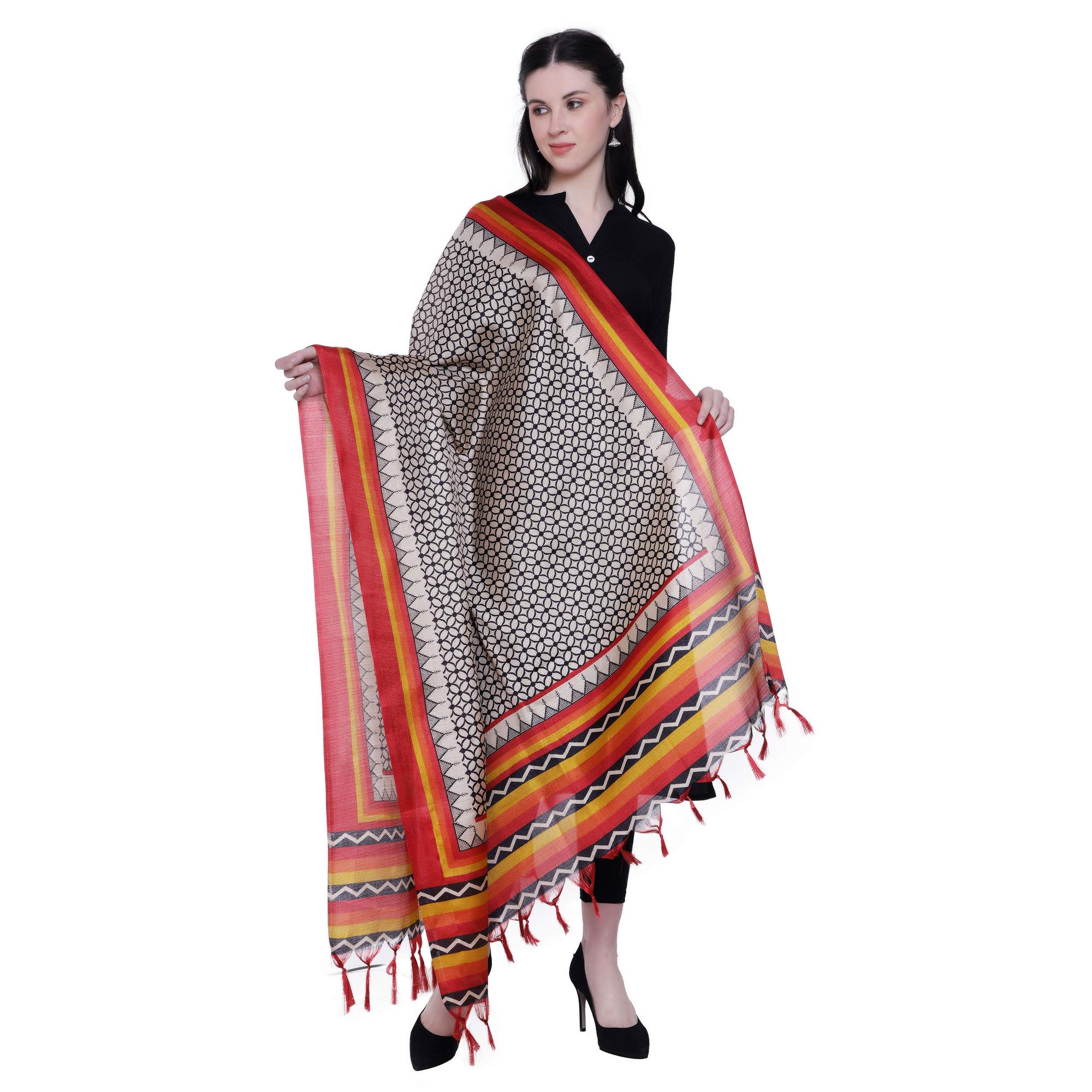 AROOPA Women's Printed Bhagalpuri Art Silk Dupatta (AKD-18_Red & Black)