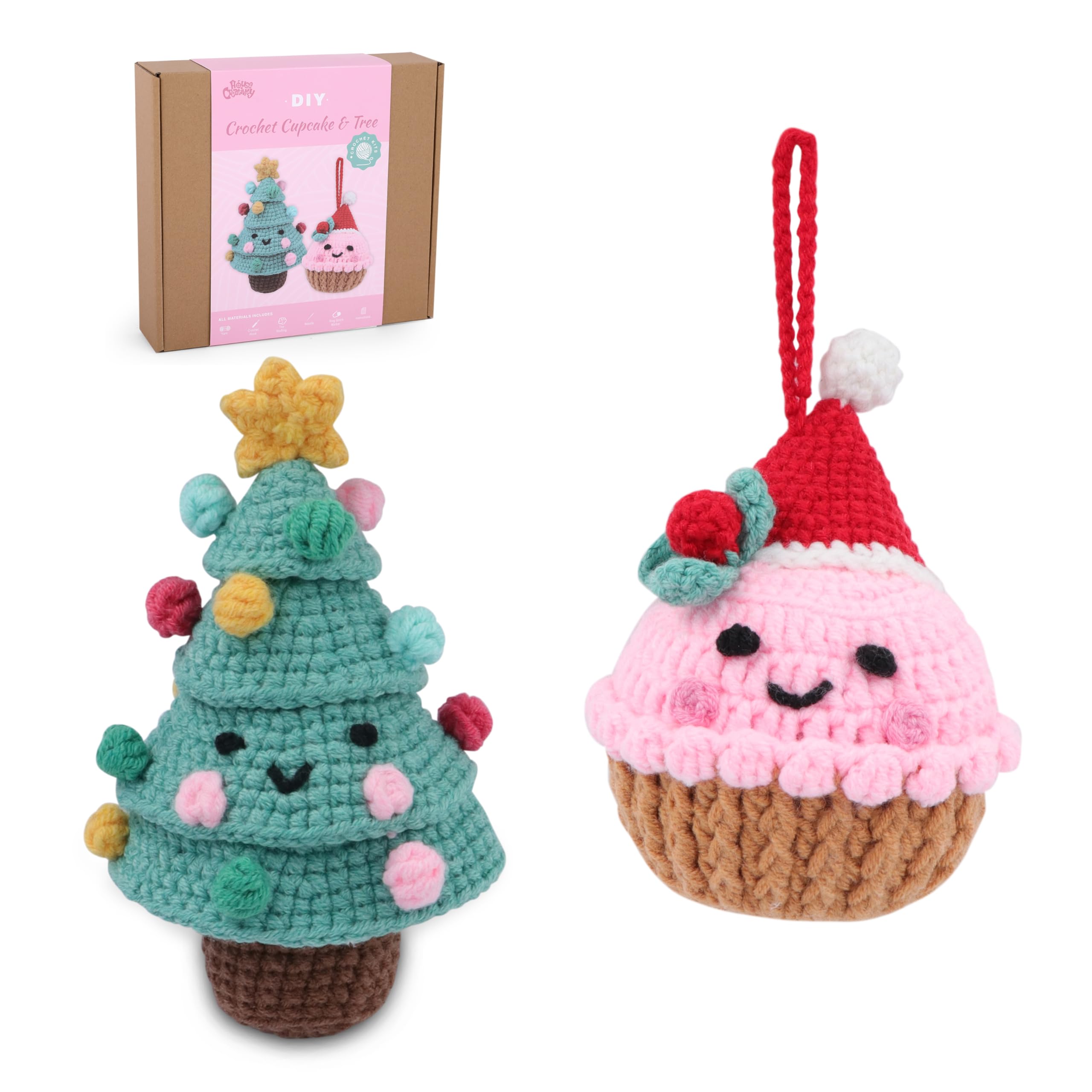 HOUSE CREATIVITY Crochet Kit for Beginners – Make a Christmas Tree &amp; Cupcake, Amigurumi Crochet Starter Kit with Video Tutorial, Yarn &amp; Hook, DIY Holiday Ornament &amp; Cute Desk Decor Gift