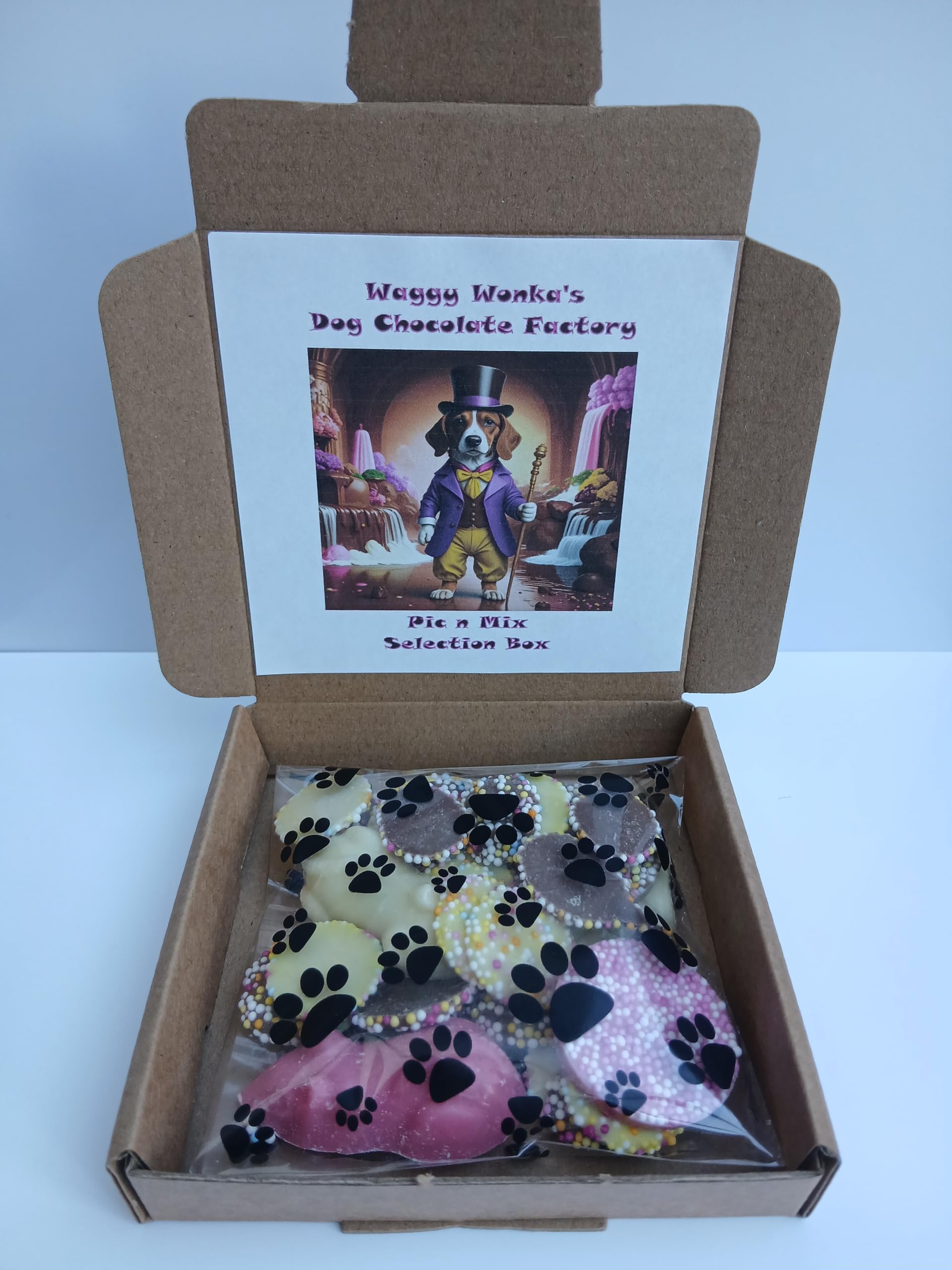 80G PIC N MIX DOG CHOC TREATS - WAGGY WONKAS DOG SAFE CHOCOLATES IN A GIFT BOX - DROPS BUTTONS MICE & FISH AND CHIPS