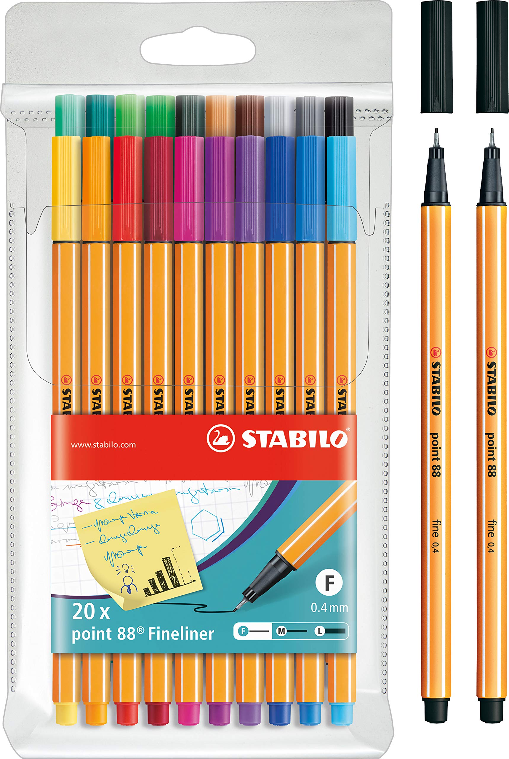 Stabilo Point 88 Lot de 20 feutres à pointe fine + 2 stylos supplémentaires de couleur noire