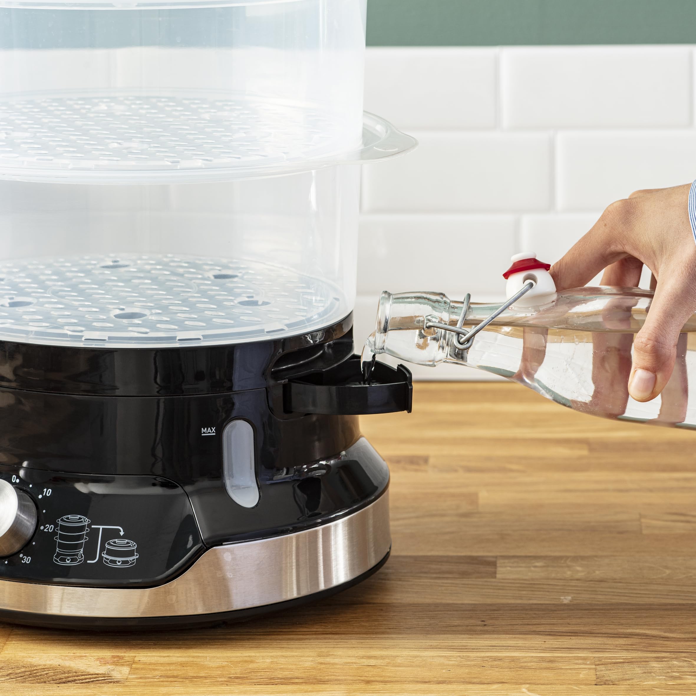 Seb Ultracompact Cuiseur vapeur, Cuisson saine, 9 L, 800 W, 3 bols empilables, Bac à riz et céréales, Minuteur 60 min, Arrêt automatique, Niveau d'eau visible, Facile à ranger VC204800