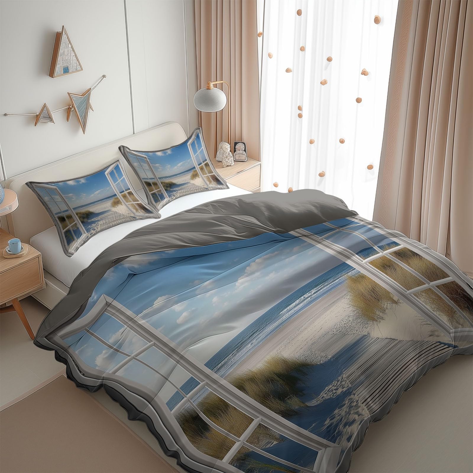 Blue Duvet Cover Queen Size for Kids Teen Window Sea View Print Bedding Sets with 2 Pillowcase, Reversible Super Soft Bedroom Decor Bed Cover 3 Piece for Boys Girls