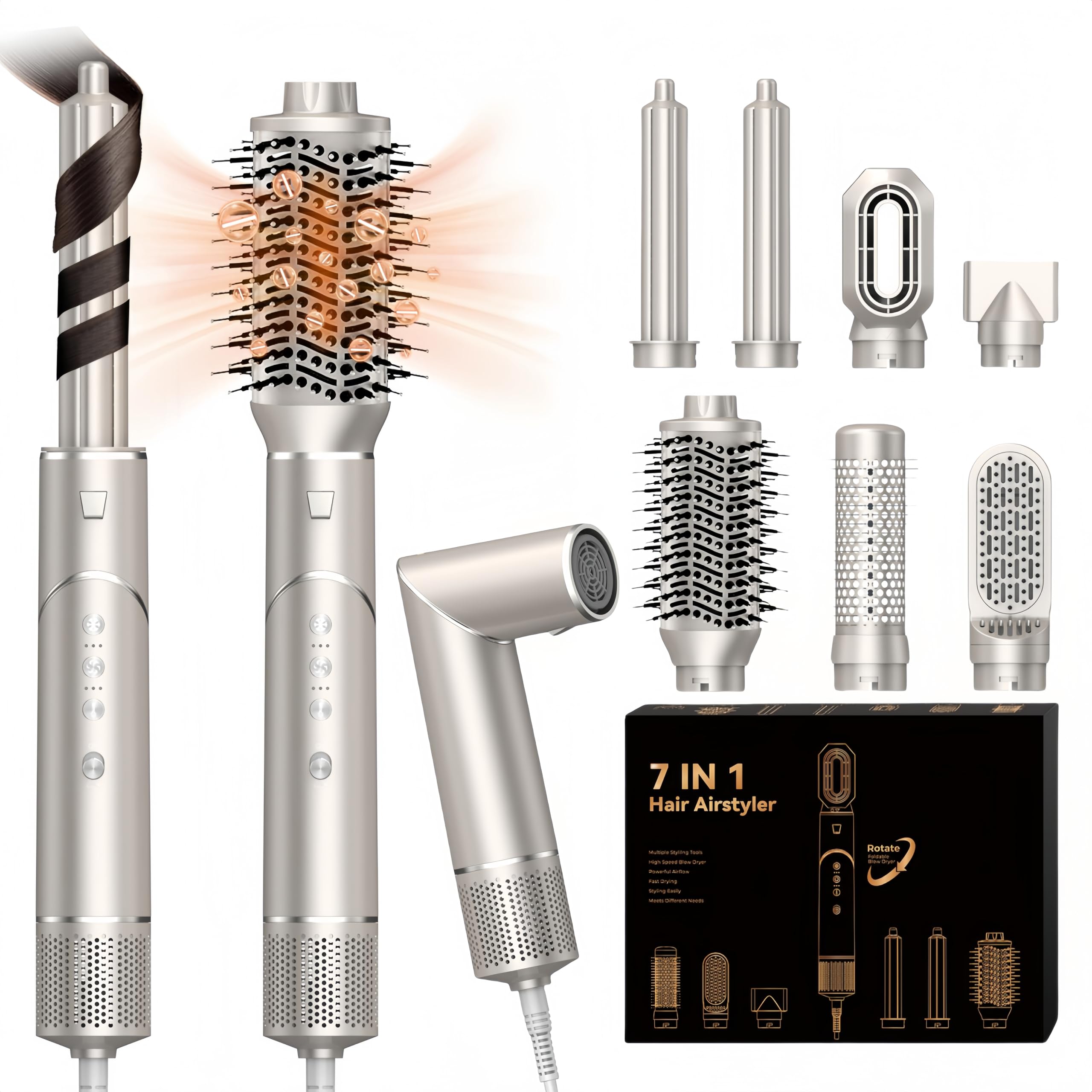 UKLISS 7 in 1 Hairstyler Pro Airstyler Ionen Föhn High-speed Haartrockner Heißluft Lockenwickler Thermal Brush Haarglätterbürste Warmluftbürste Föhnbürste Stylingbürsten Hair Styler, Champagnergold