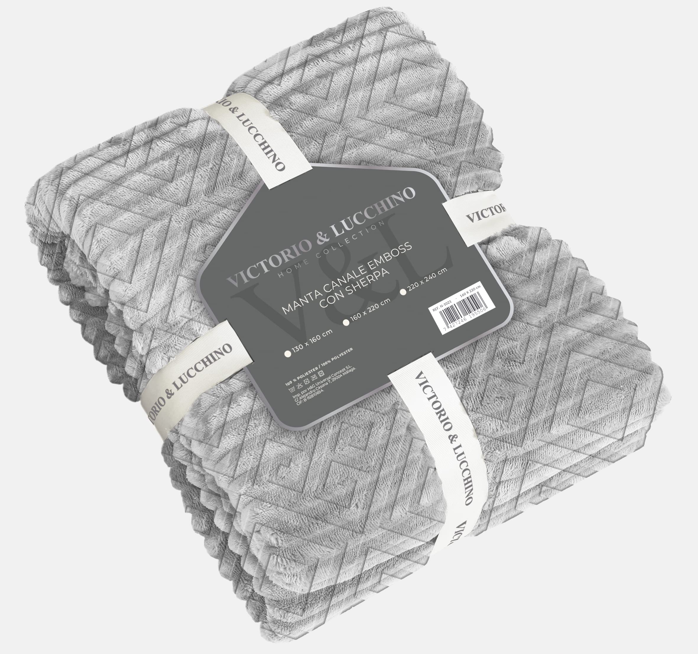 Victorio & Lucchino Manta Plaid Canale Emboss con Borreguito Sherpa - Suave para el Sofa o para Cama (VL-80511 Gris Claro, 130x160 Cm)