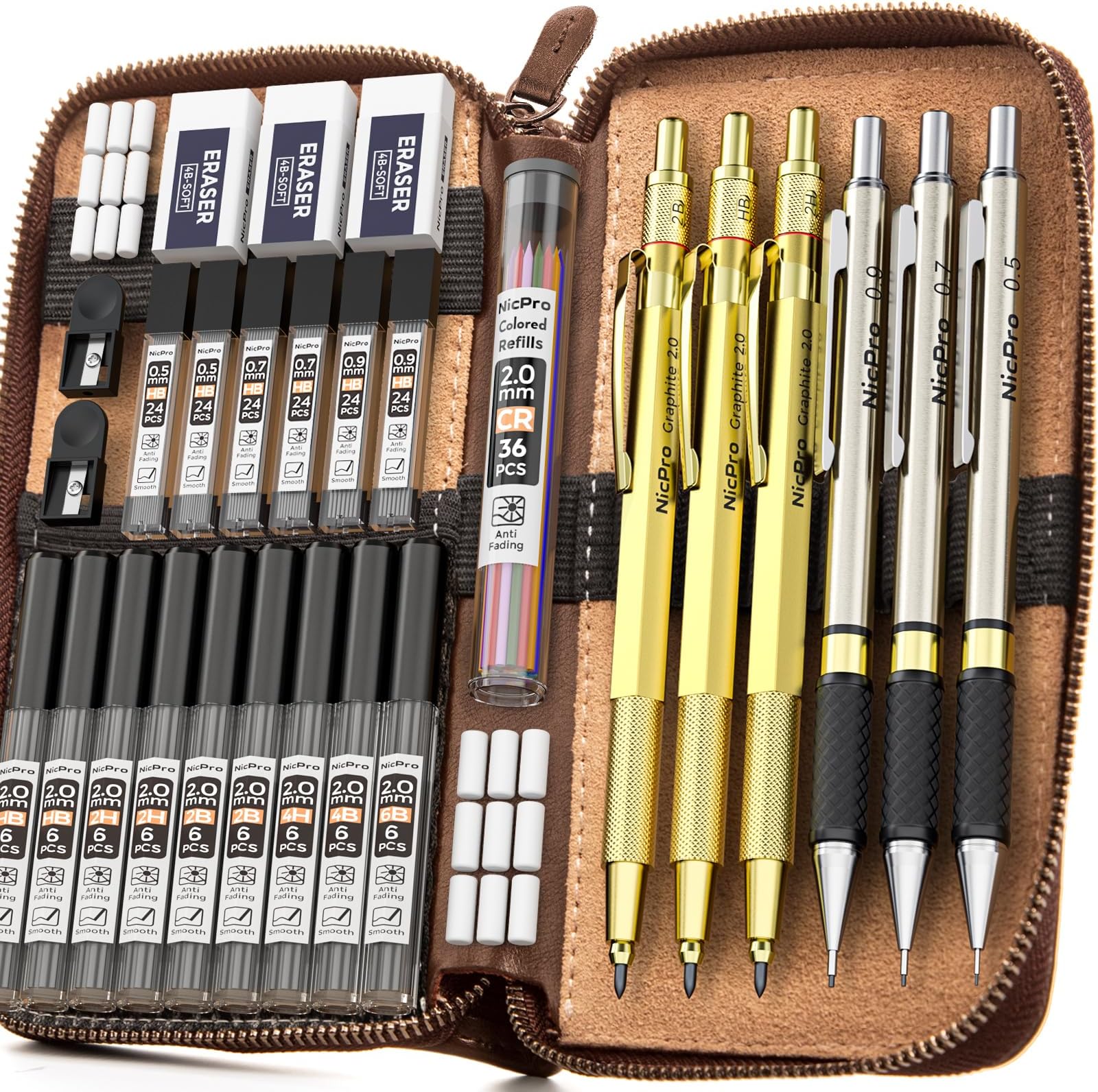 – Nicpro 30PCS Art Mechanical Pencil Set in Leather Case, Drafting Pencil 0.5, 0.7, 0.9 mm & 3 PCS 2mm Lead Holders for Sketching Drawing With 16 Tube (6B 4B 2B HB 2H 4H Colors) Lead Refills-Golden