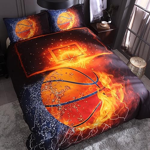 Miniatura 3 de Juego de funda de edredón de baloncesto 3D con estampado de agua de fuego para adolescentes y niños, juegos de ropa de cama deportiva 1 funda de