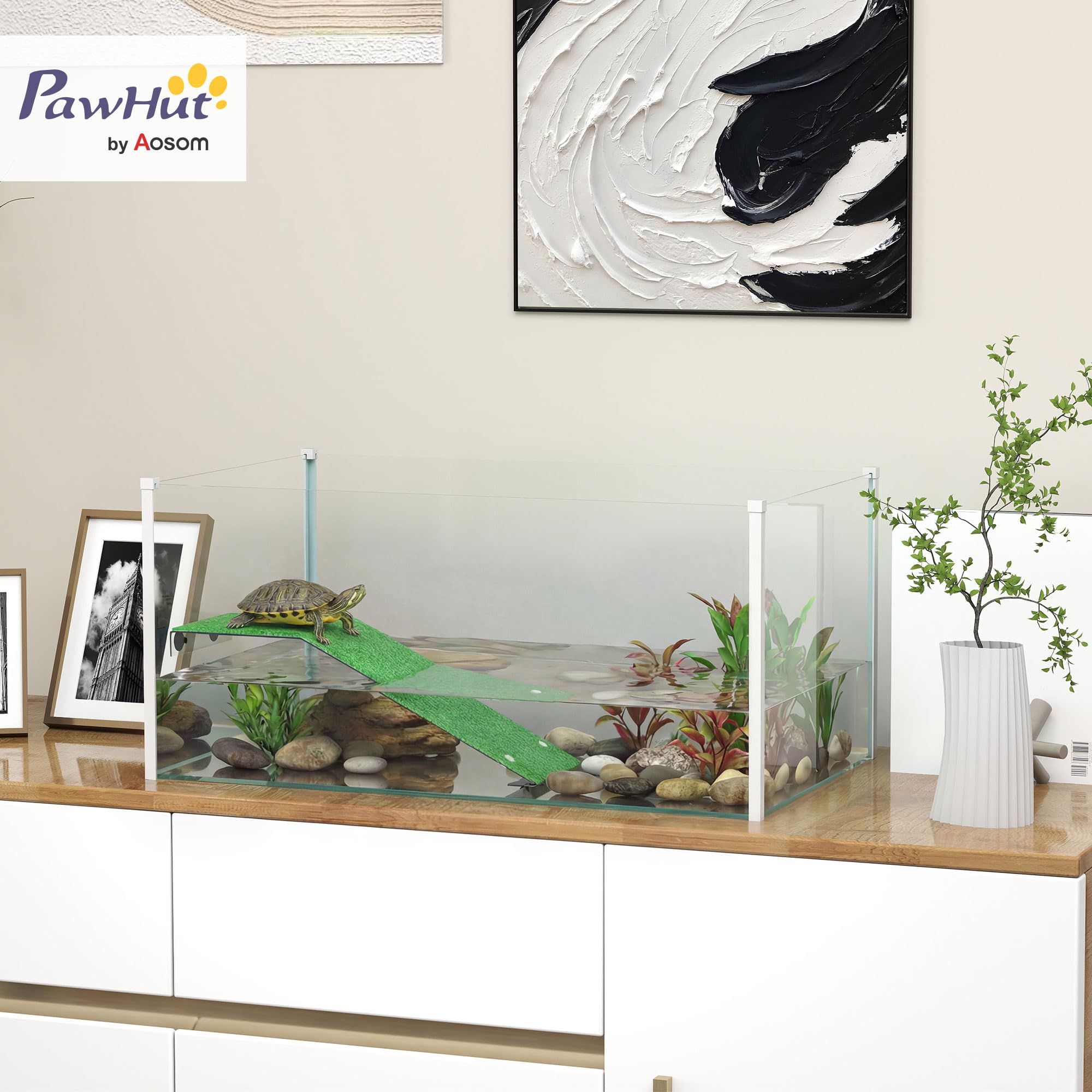 PawHut Acquario per tartarughe, terrario per tartarughe con piattaforma e rampa con superficie in erba artificiale, vista panoramica a 360°, per piccoli pesci, gamberetti, 60x35x28 cm, bianco