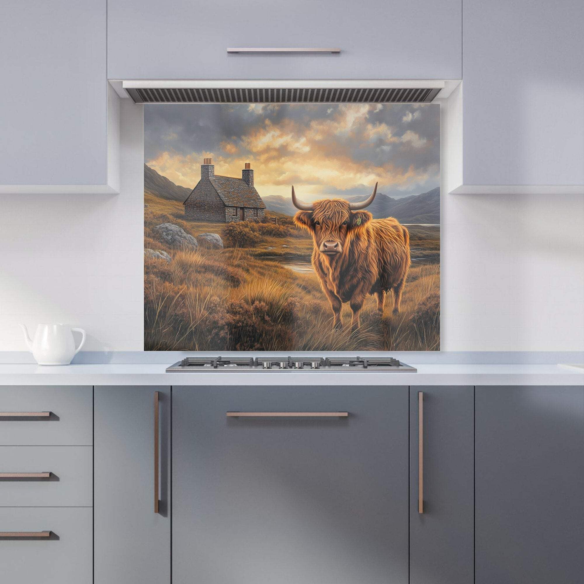 Warren Reed Golden - Designer Highland Cow And A Cottage Kitchen Splashback - W900mm X H750mm