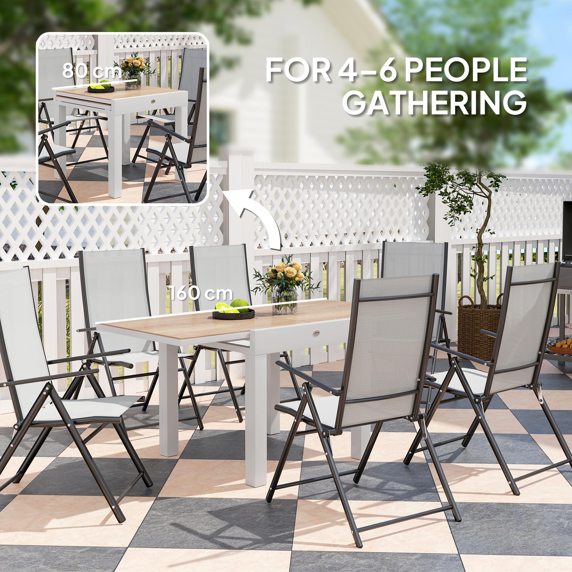 Outsunny Mesa de jardín Extensible 80/160 cm de Aluminio, Mesa de jardín Rectangular para 6 Personas, Inoxidable y Resistente a la Intemperie, para Patio, terraza, Gris