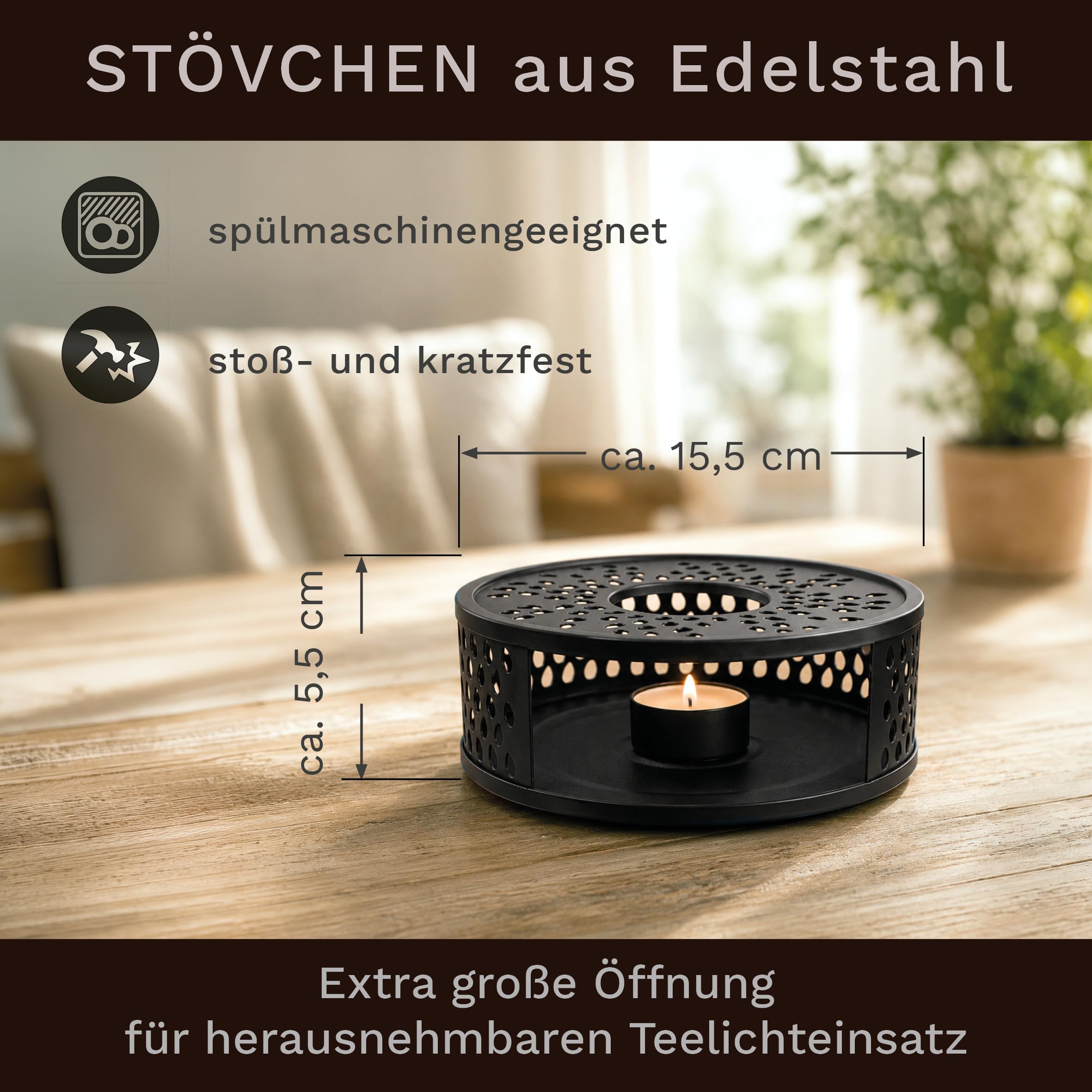 Creano Teekanne Glas 1,2 l mit Stövchen und Edelstahl-Filter für losen Tee