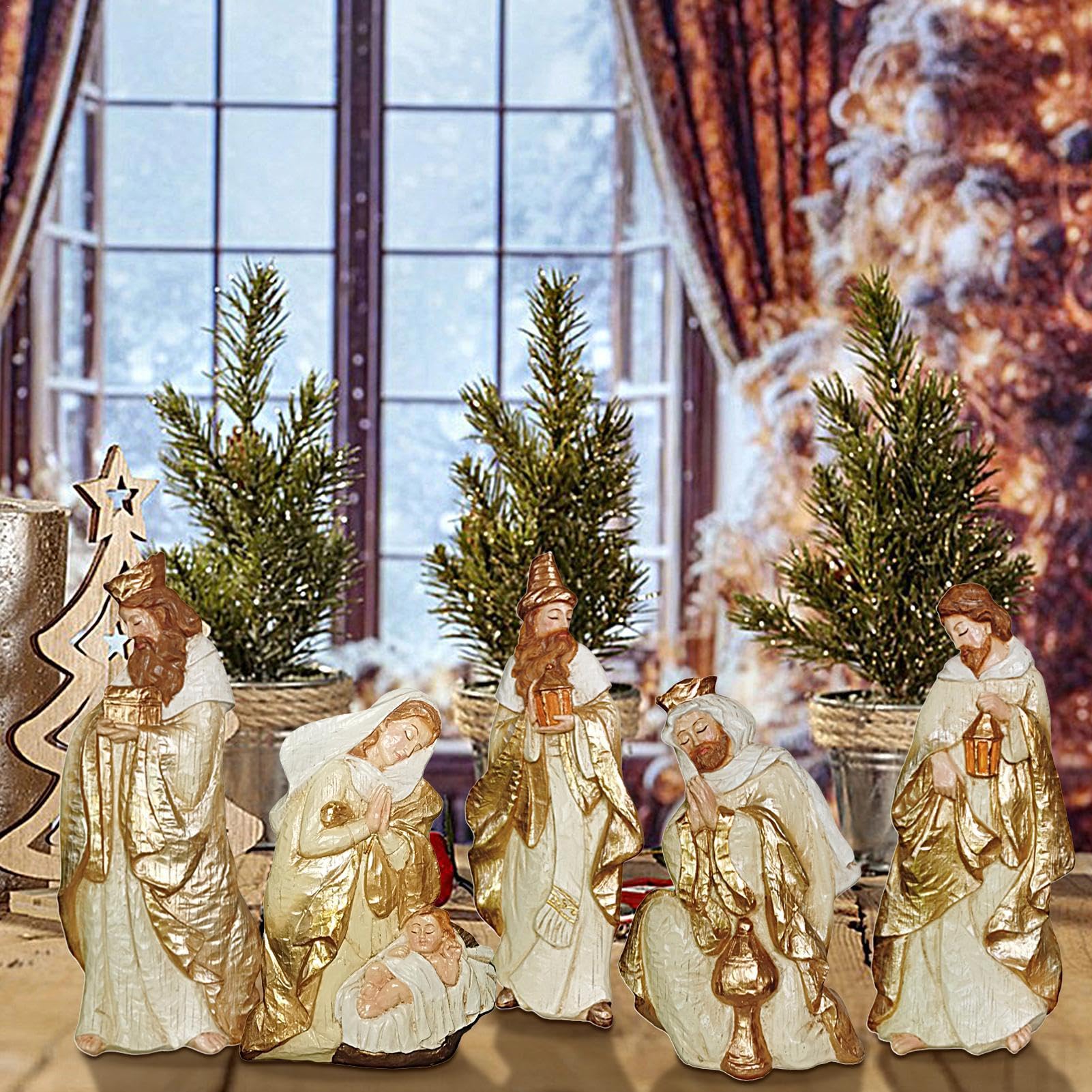 Set Scena Della Natività 5 Pezzi Statuina Della Sacra Famiglia In Resina | Statuine Religiose Per Il Natale Le Feste La Casa La Chiesa Il Tavolo La Scrivania La Mensola Lo Scaffale Il
