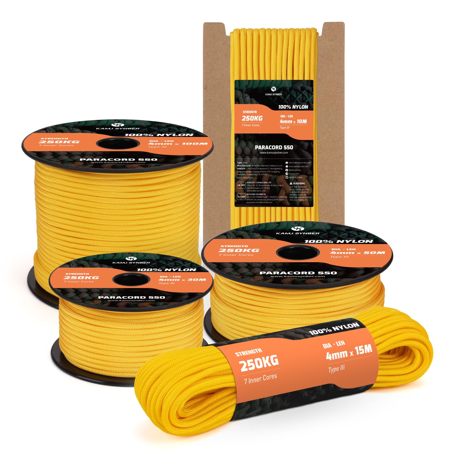 Kamu Synber 550 Paracord 4mm 15m Type III 7 Strands 100% Nylon Rope Parachute Cord Ideal for Crafting, DIY, Camping, Survival, Outdoor | Support 250kg | Golden Yellow