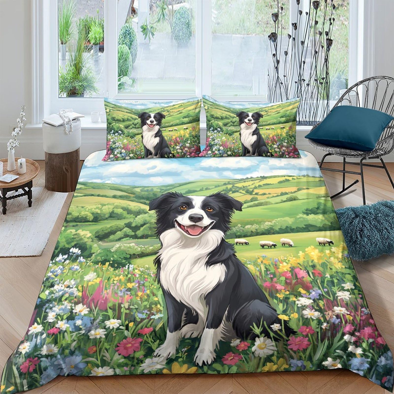 Ctjqhvkz Style-10 3D Printed Border Collie Meadow Fitted Sheet Microfiber Soft Non Slip Wildflower Bed Cover For Bedroom Guest Room Decor Single（135X200cm）
